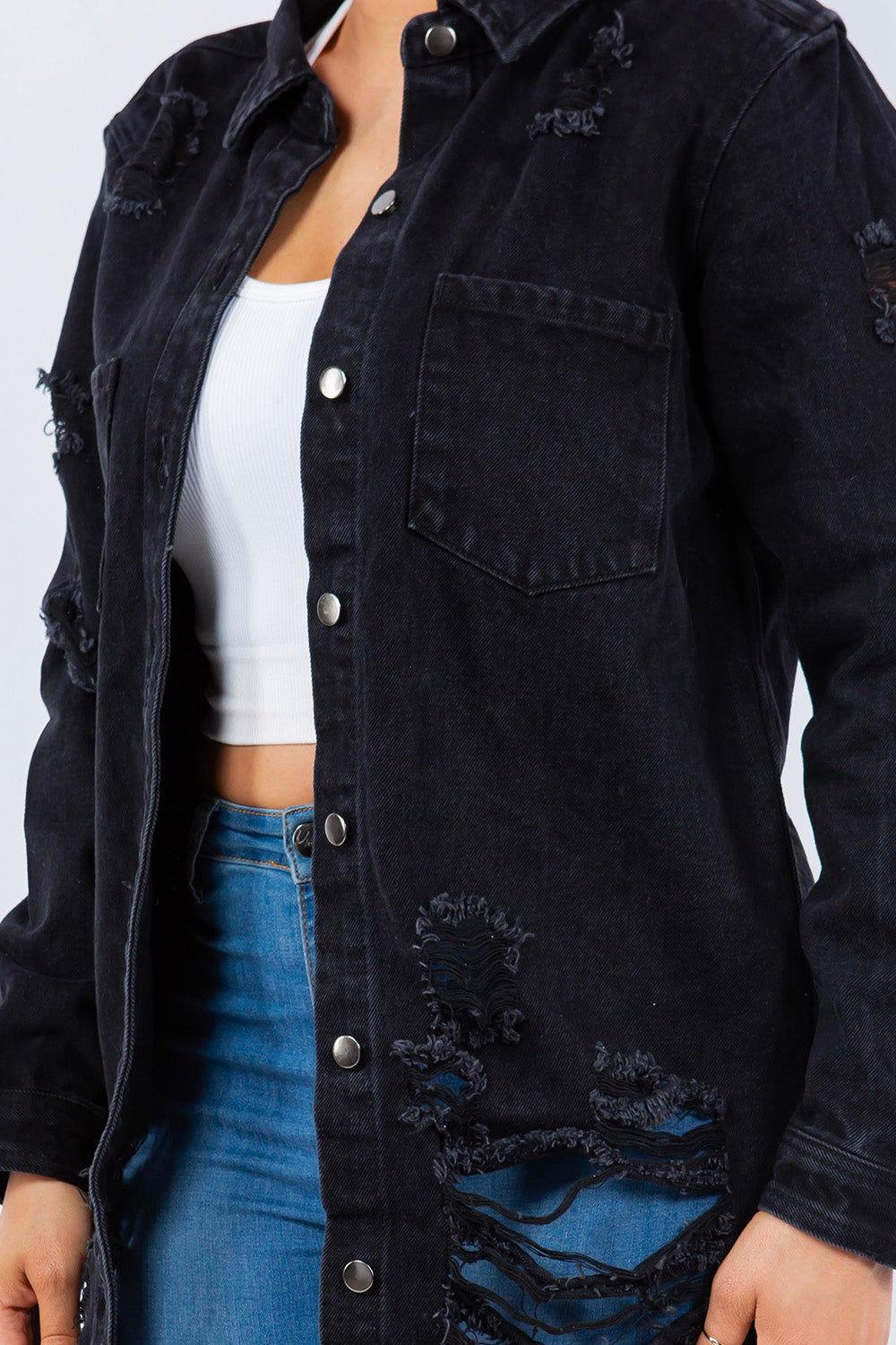 American Bazi Distressed Button Up Long Sleeve Denim Jacket - Clothes For Her Online Store