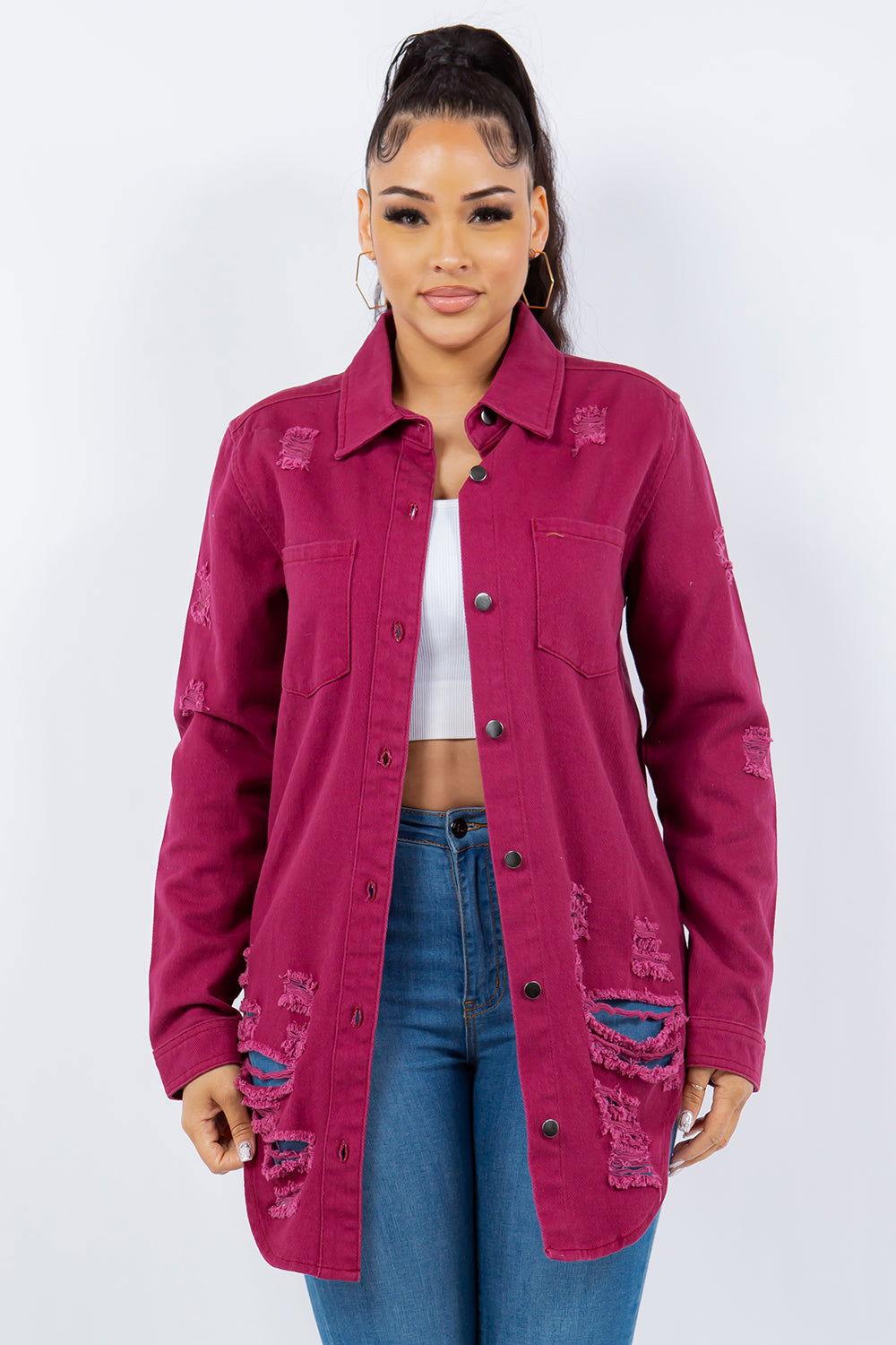 American Bazi Distressed Button Up Long Sleeve Denim Jacket - Clothes For Her Online Store
