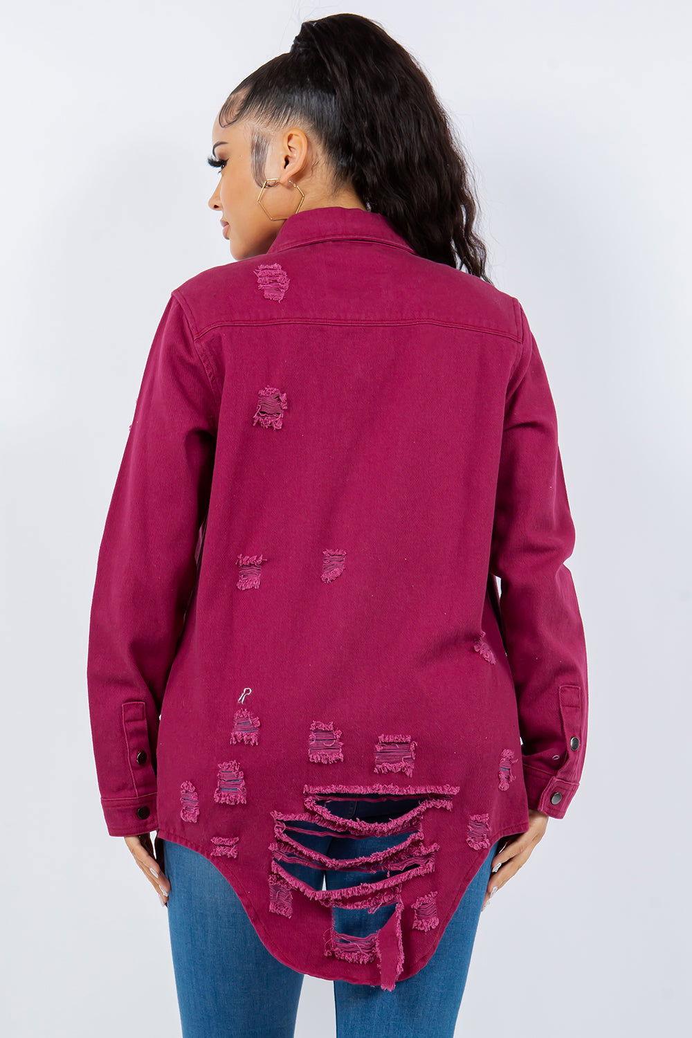 American Bazi Distressed Button Up Long Sleeve Denim Jacket - Clothes For Her Online Store