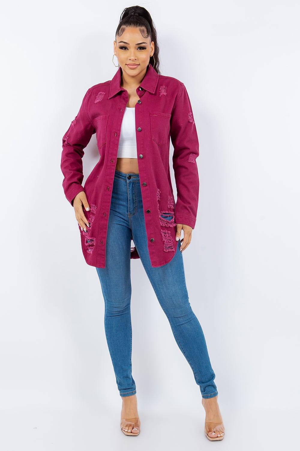 American Bazi Distressed Button Up Long Sleeve Denim Jacket - Clothes For Her Online Store
