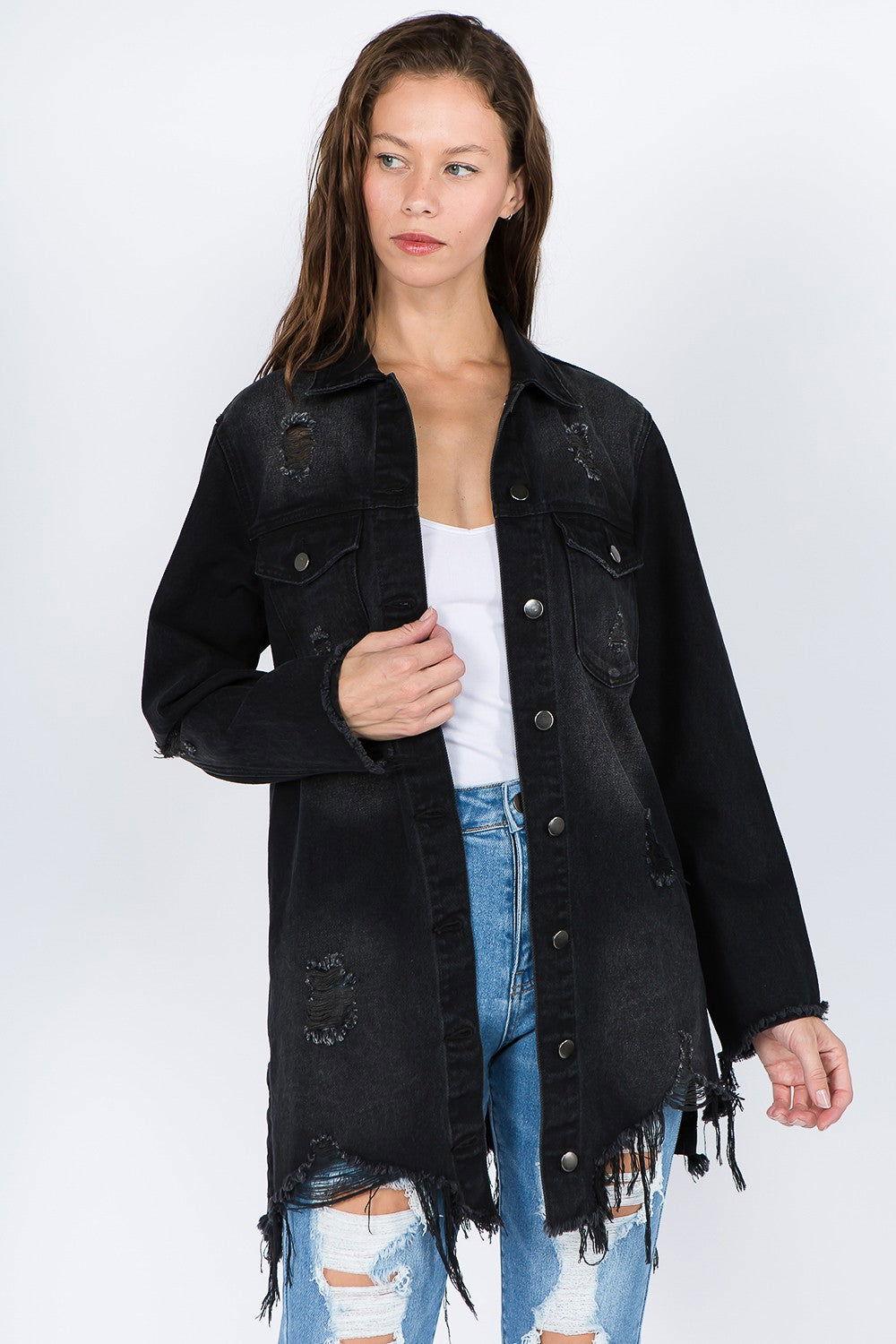 American Bazi Distressed Frayed Hem Denim Jacket - Clothes For Her Online Store