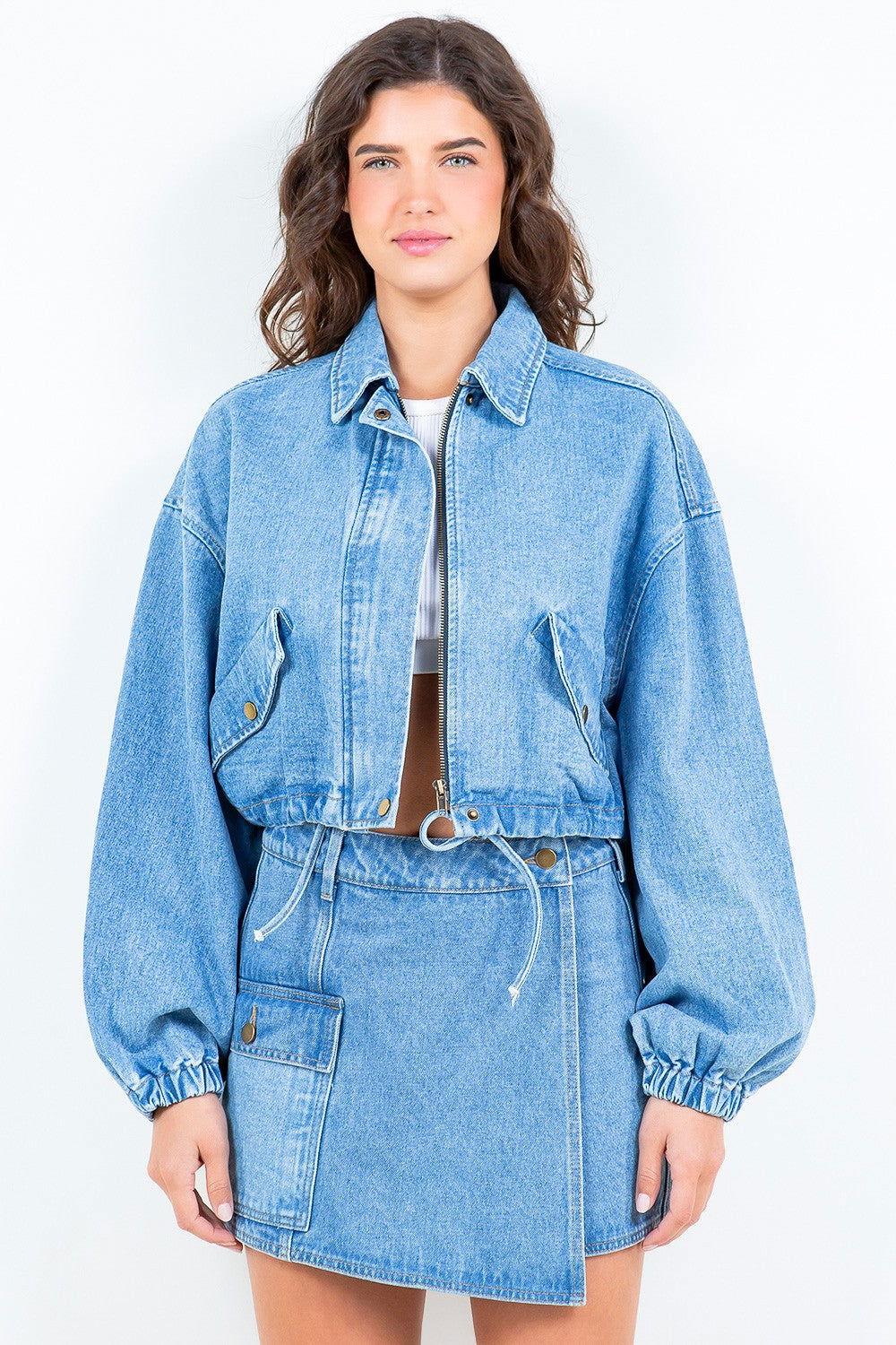 American Bazi Drawstring Waist Crop Denim Jacket - Clothes For Her Online Store