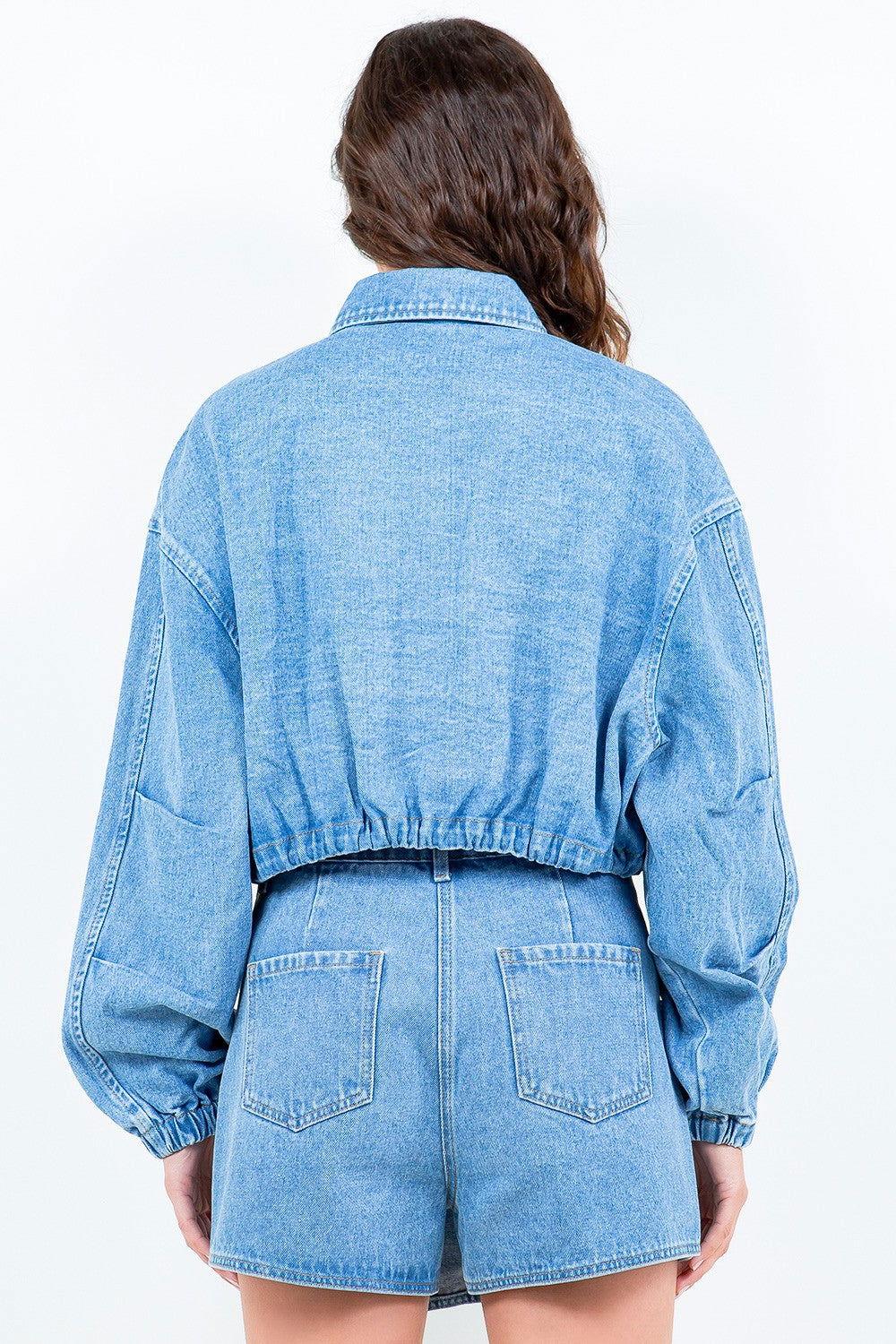 American Bazi Drawstring Waist Crop Denim Jacket - Clothes For Her Online Store