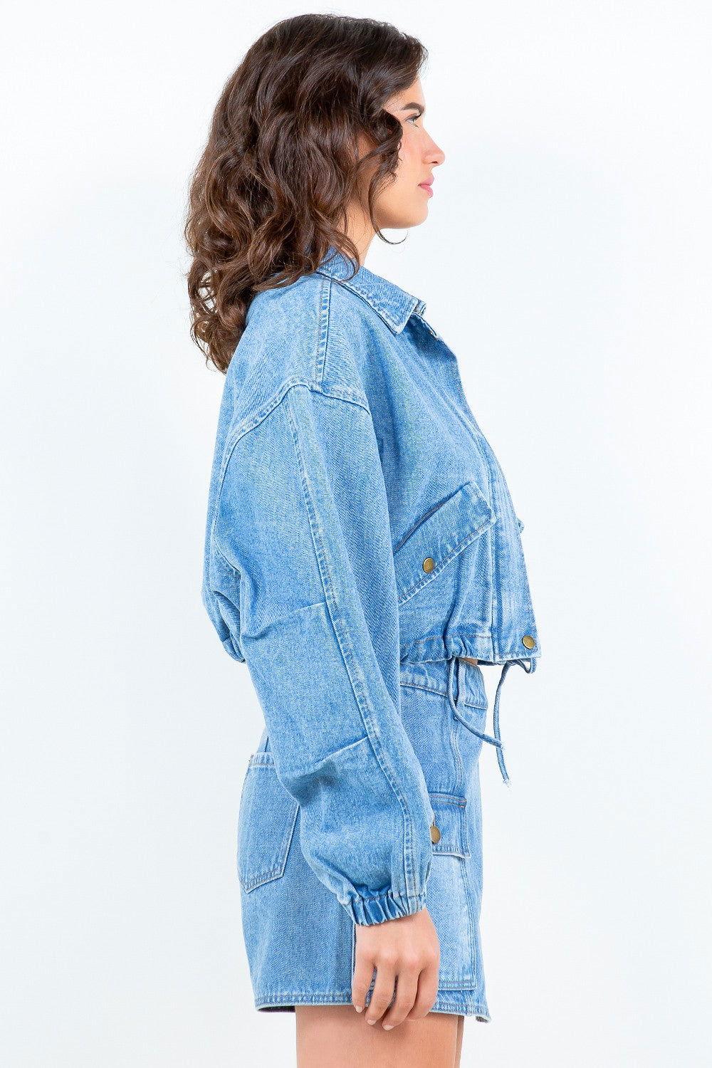 American Bazi Drawstring Waist Crop Denim Jacket - Clothes For Her Online Store