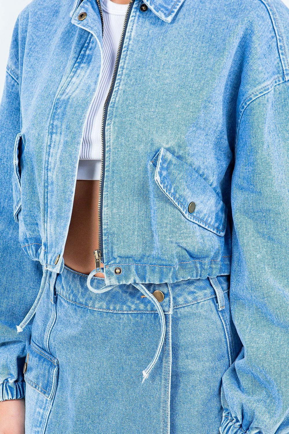 American Bazi Drawstring Waist Crop Denim Jacket - Clothes For Her Online Store