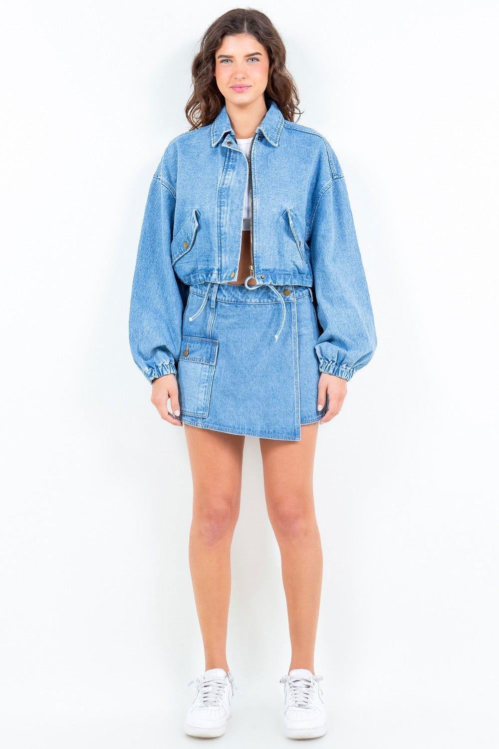 American Bazi Drawstring Waist Crop Denim Jacket - Clothes For Her Online Store