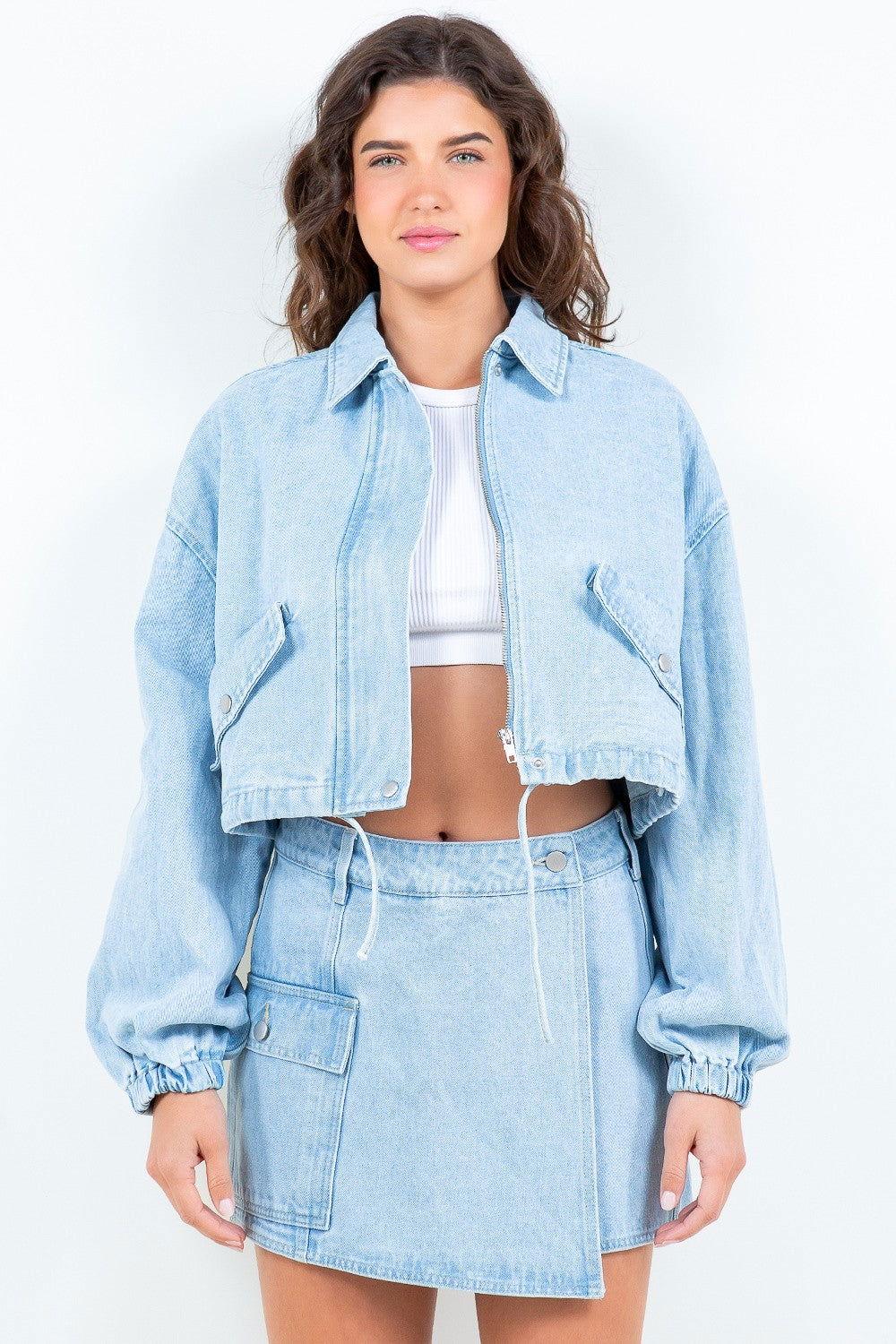 American Bazi Drawstring Waist Crop Denim Jacket - Clothes For Her Online Store