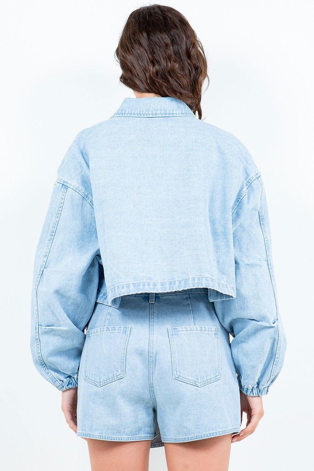 American Bazi Drawstring Waist Crop Denim Jacket - Clothes For Her Online Store