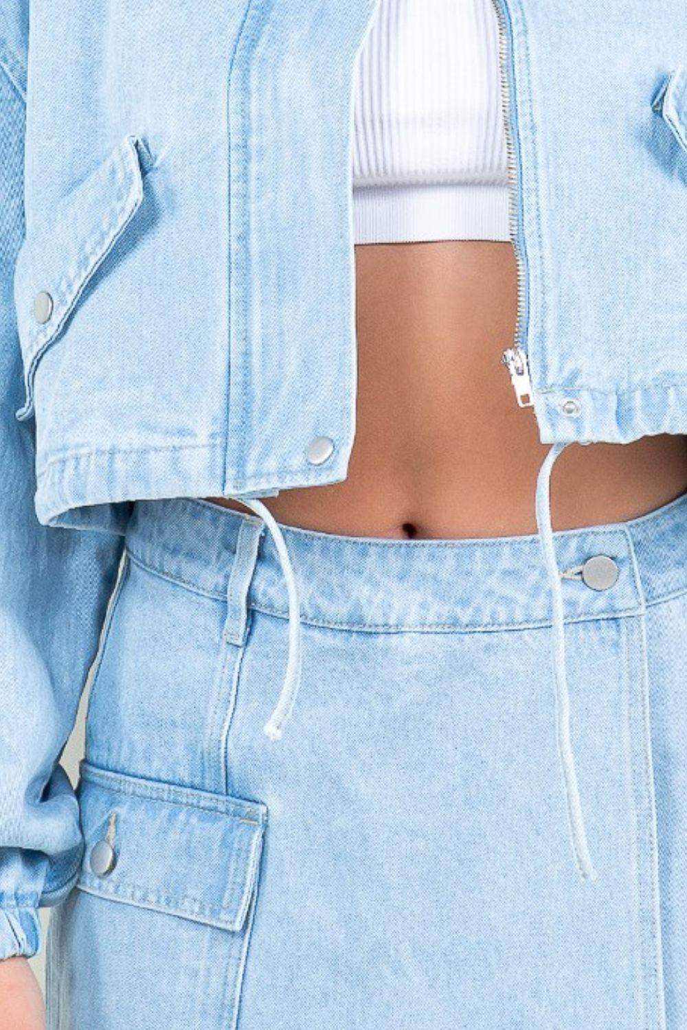 American Bazi Drawstring Waist Crop Denim Jacket - Clothes For Her Online Store