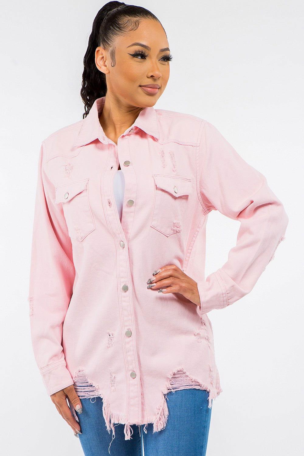 American Bazi Frayed Hem Distressed Denim Jacket - Clothes For Her Online Store