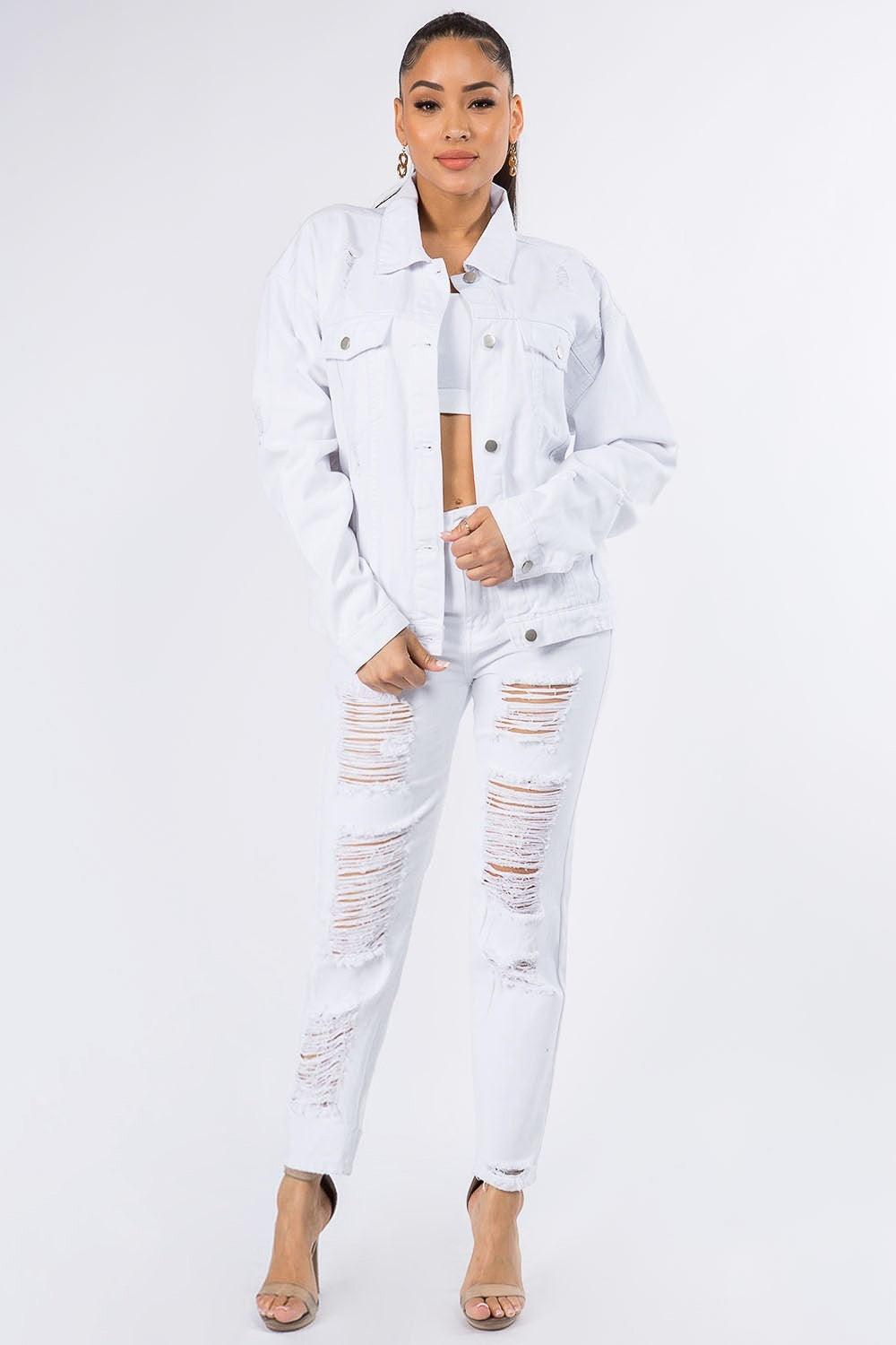 American Bazi Graphic Distressed Long Sleeve Denim Jacket - Clothes For Her Online Store