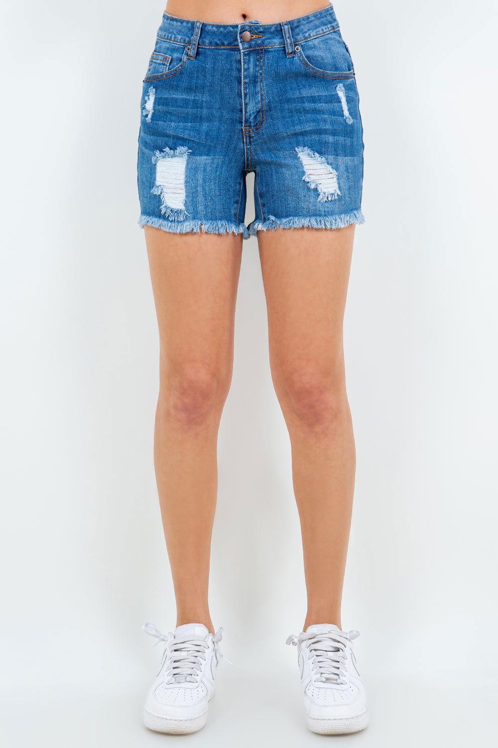 American Bazi High Waist Distressed Frayed Denim Shorts - Clothes For Her Online Store