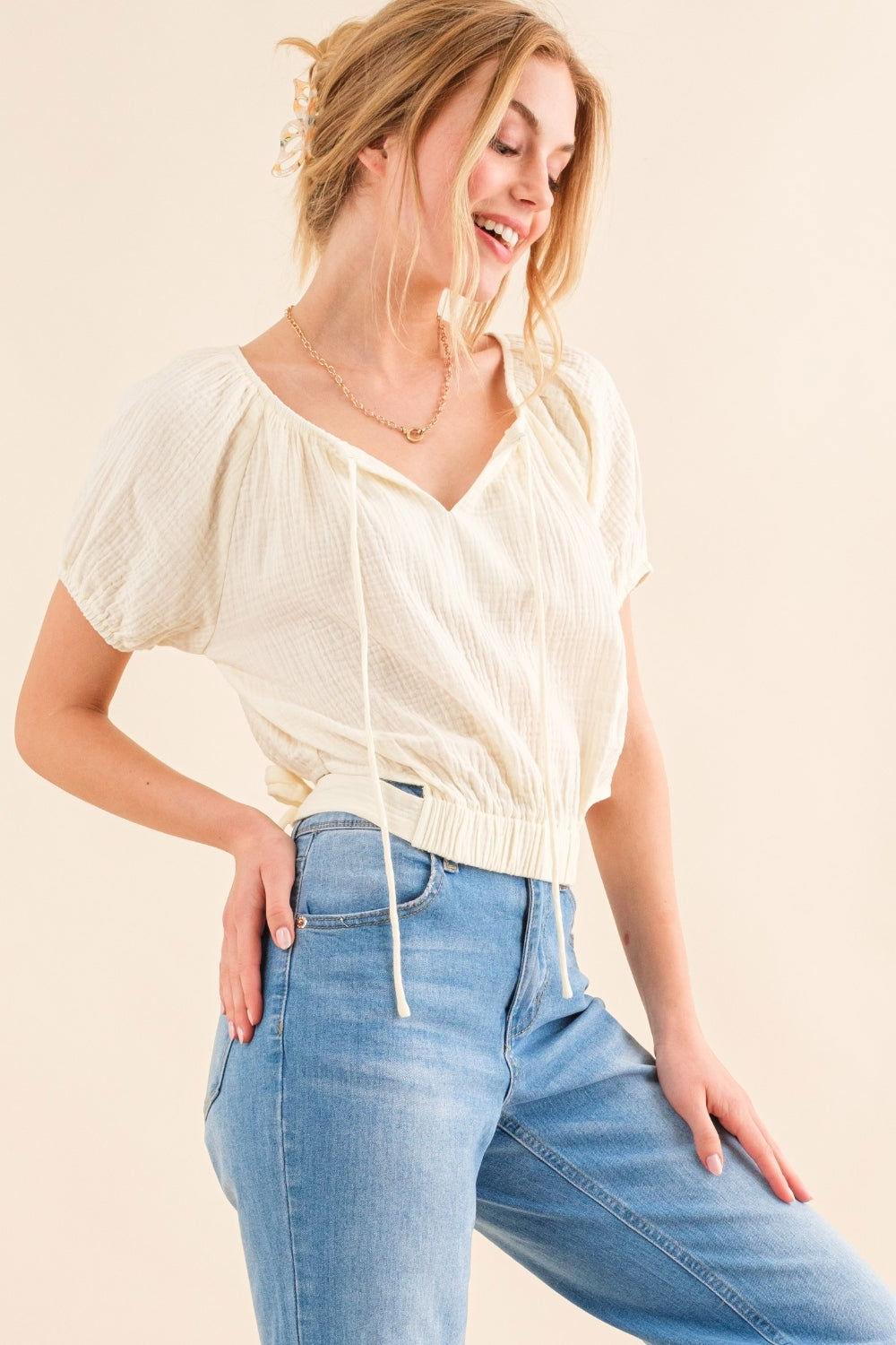 And The Why Back Waist Tie Cropped Blouse - Clothes For Her Online Store