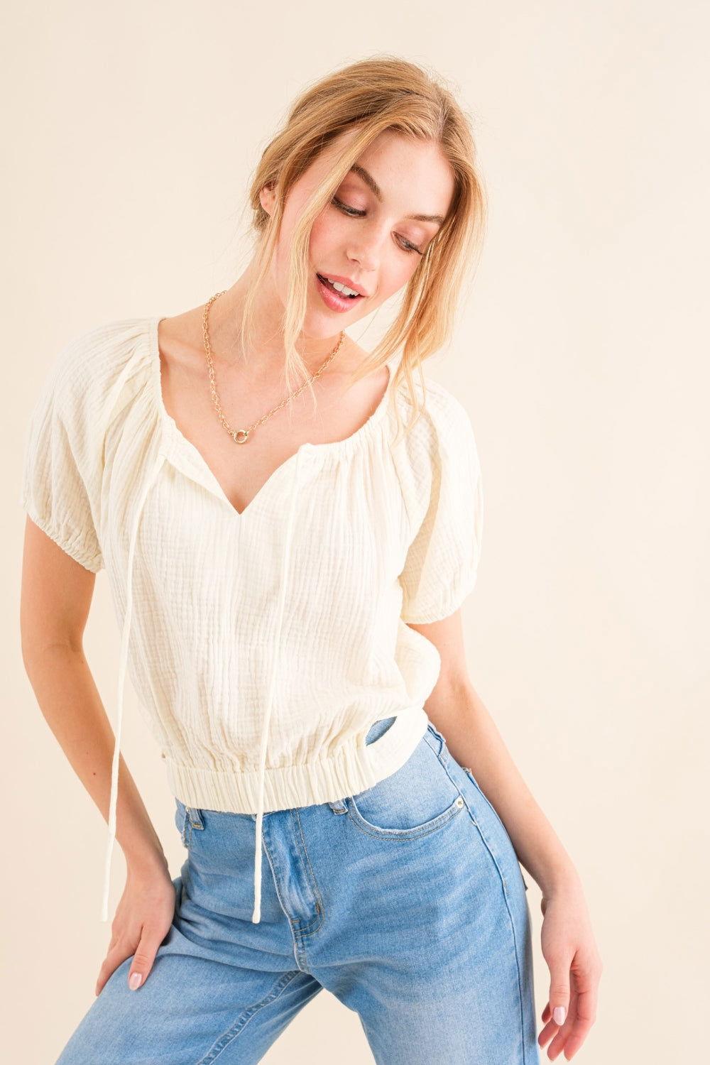 And The Why Back Waist Tie Cropped Blouse - Clothes For Her Online Store