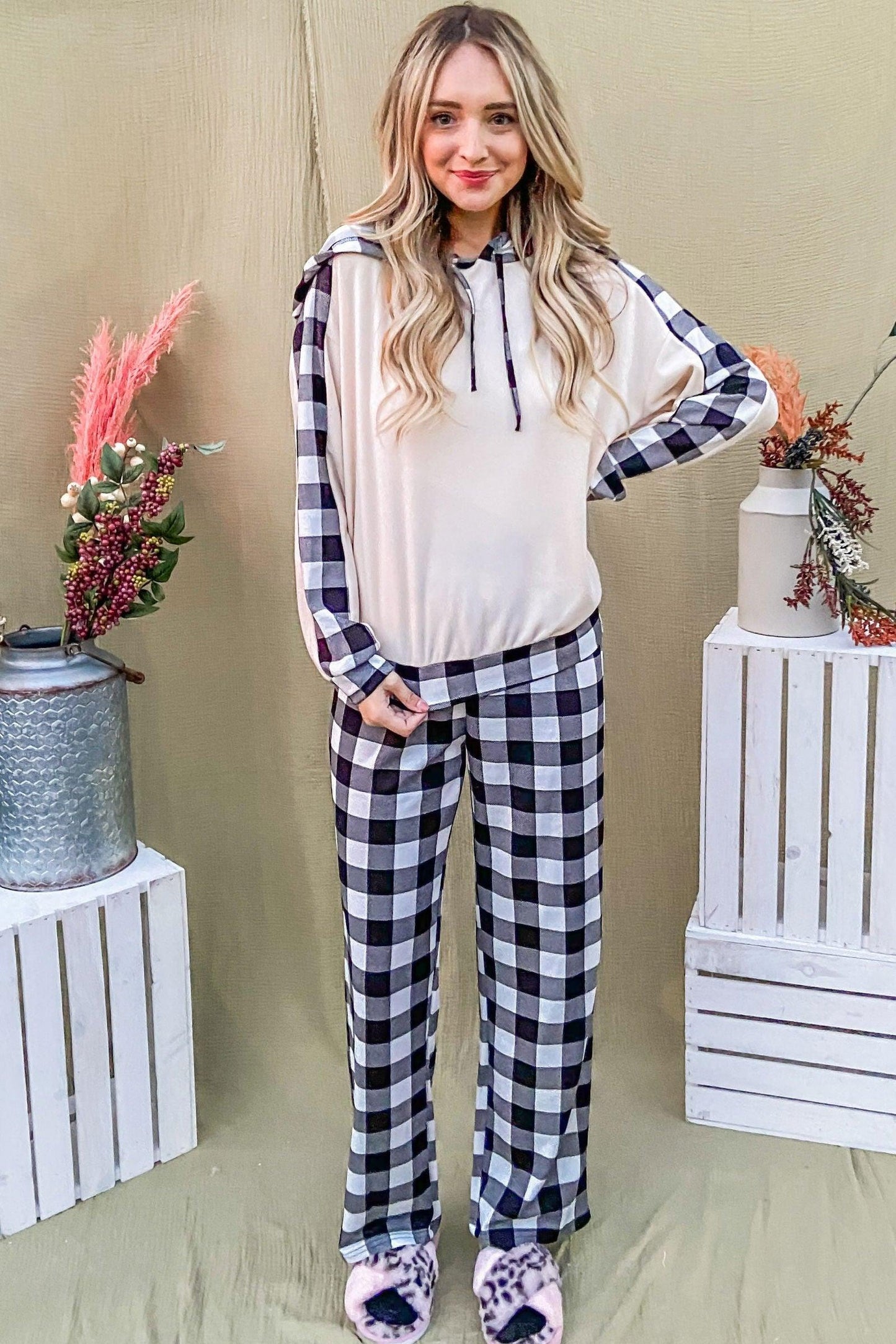 And The Why Drawstring Hooded Top and Plaid Pants Lounge Set - Clothes For Her Online Store