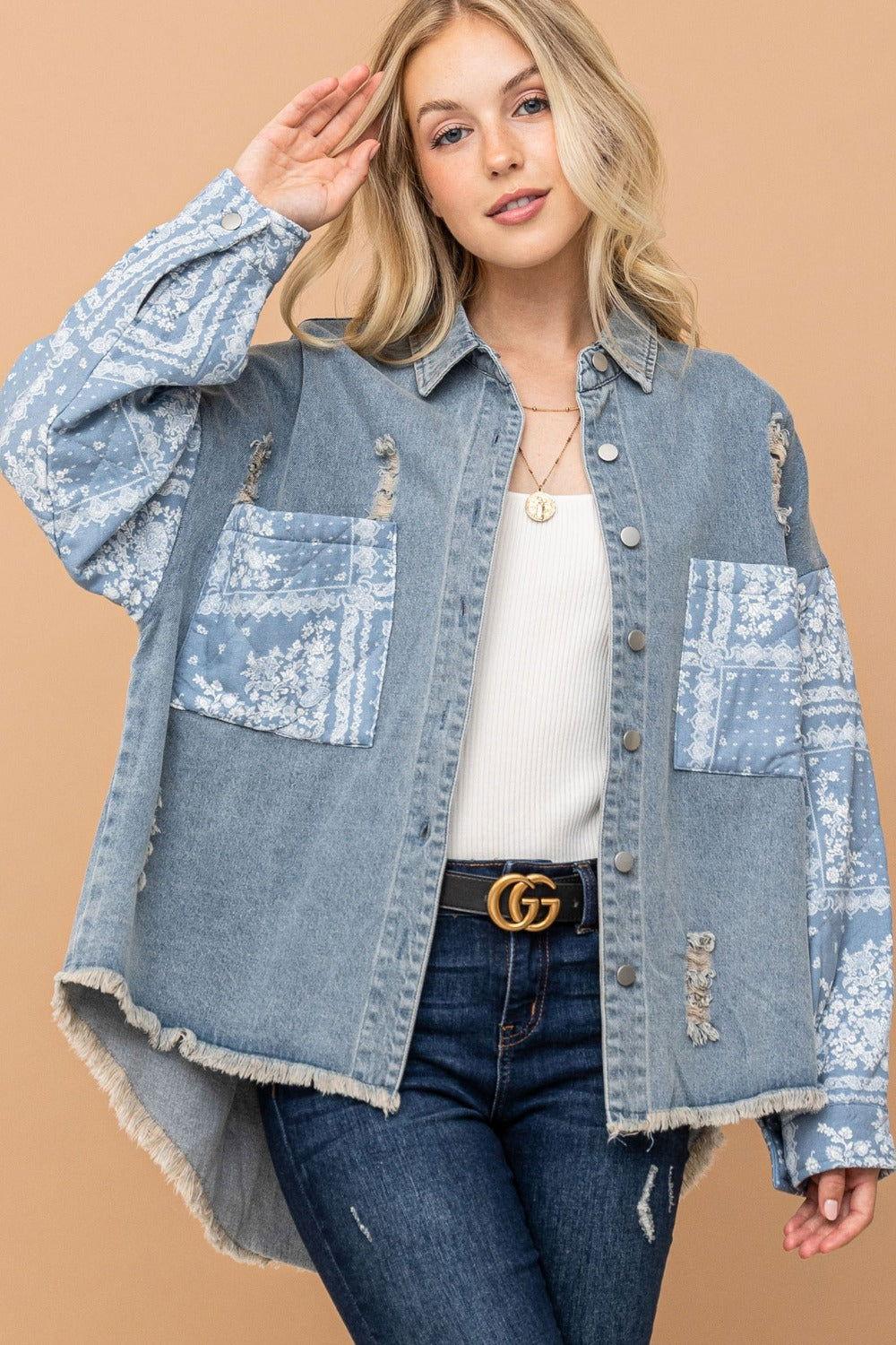 And The Why Full Size Paisley Print Quilted Sleeves Denim Jacket - Clothes For Her Online Store