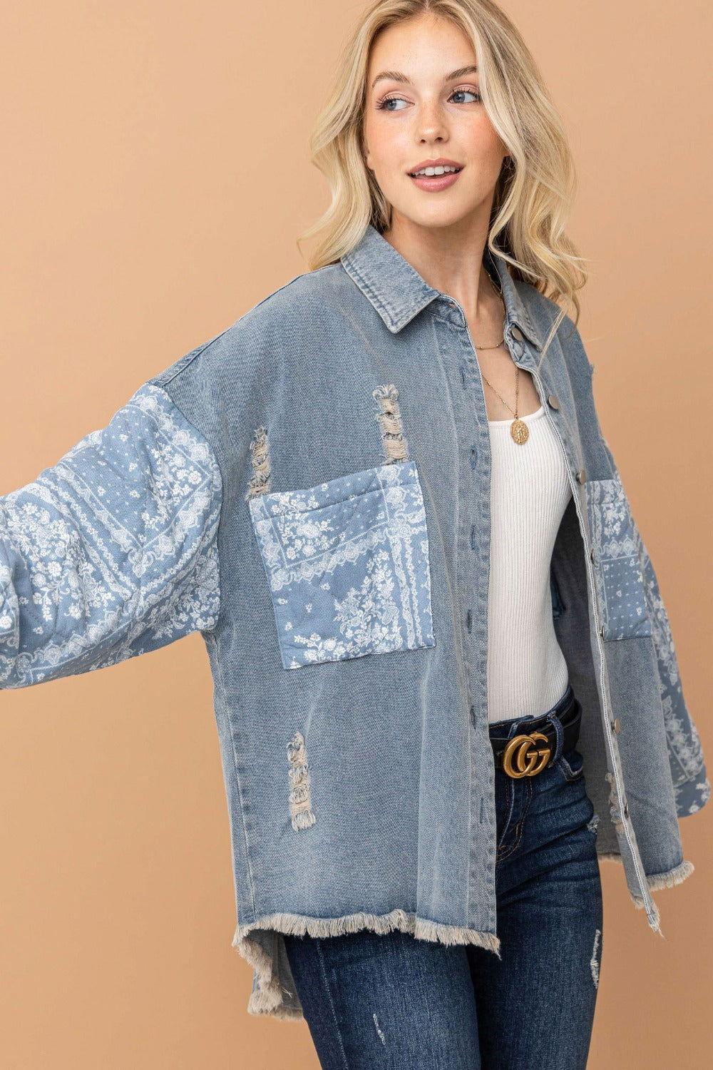 And The Why Full Size Paisley Print Quilted Sleeves Denim Jacket - Clothes For Her Online Store