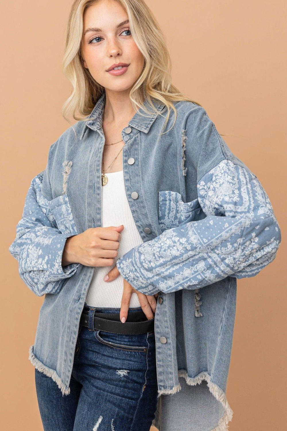 And The Why Full Size Paisley Print Quilted Sleeves Denim Jacket - Clothes For Her Online Store