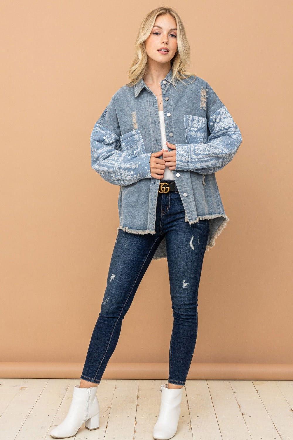 And The Why Full Size Paisley Print Quilted Sleeves Denim Jacket - Clothes For Her Online Store