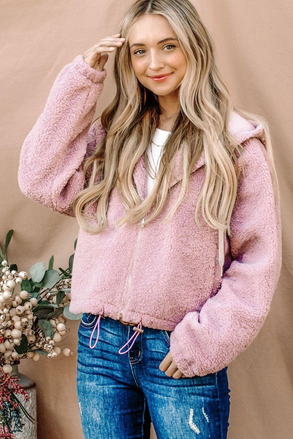 And The Why Sherpa Drawstring Cropped Hooded Jacket - Clothes For Her Online Store