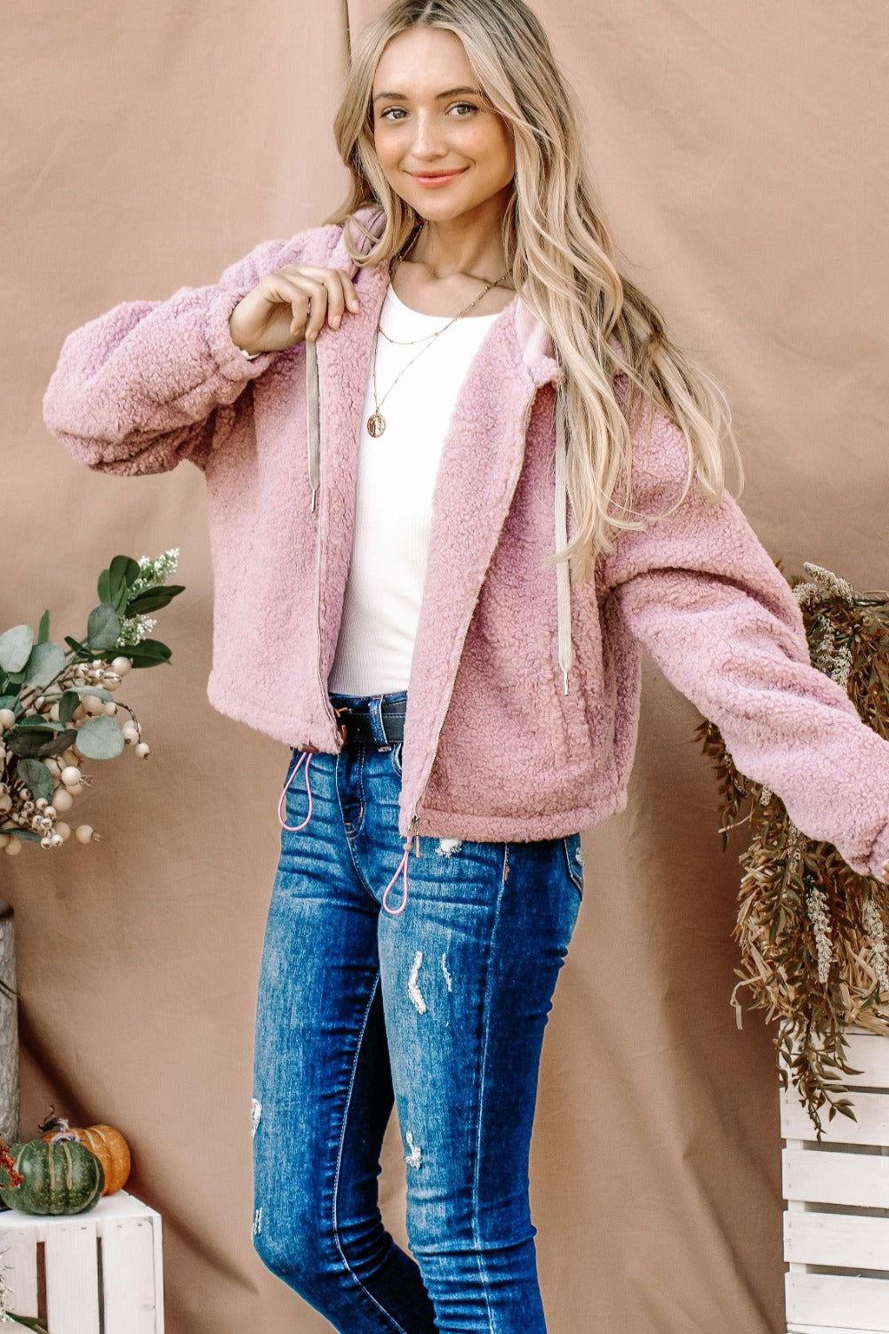 And The Why Sherpa Drawstring Cropped Hooded Jacket - Clothes For Her Online Store