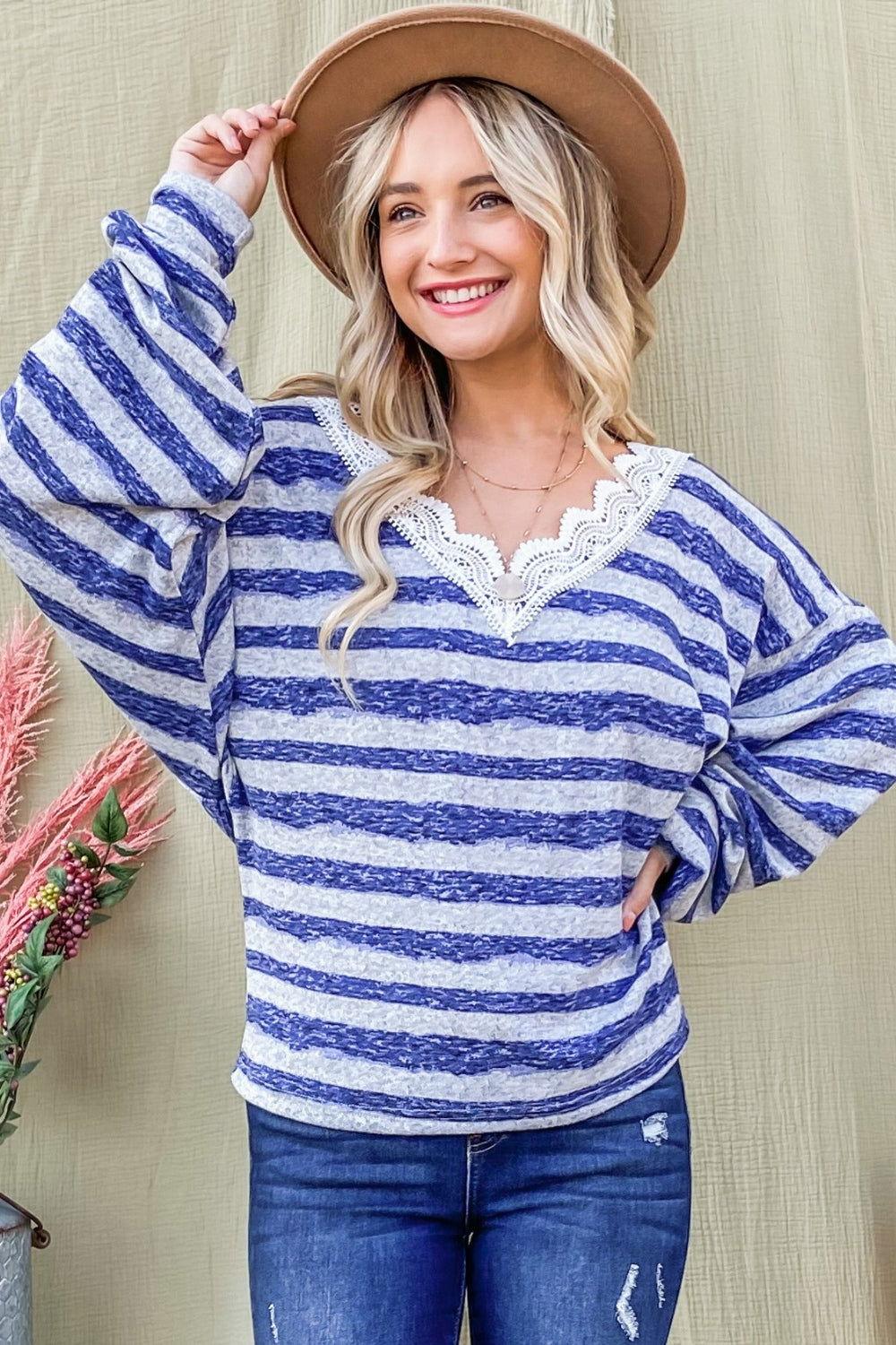And The Why Striped Lace Detail V Neck Top - Clothes For Her Online Store