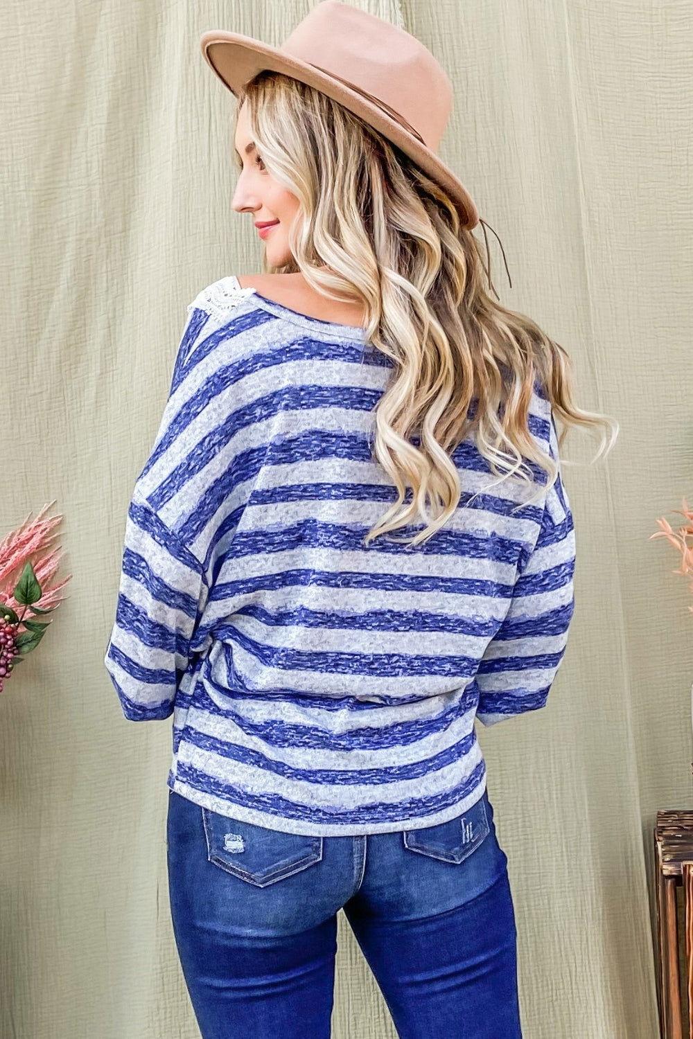 And The Why Striped Lace Detail V Neck Top - Clothes For Her Online Store