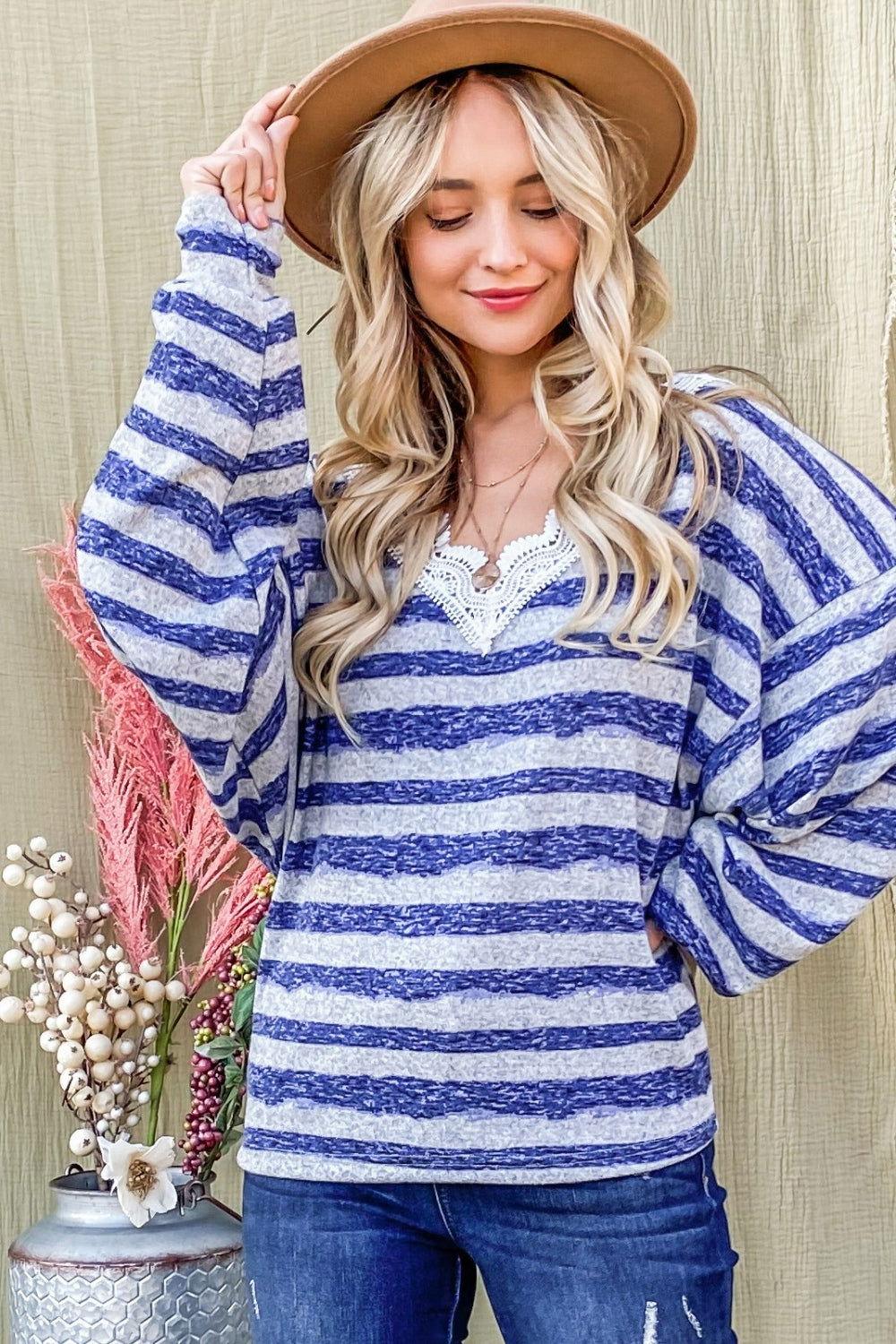 And The Why Striped Lace Detail V Neck Top - Clothes For Her Online Store