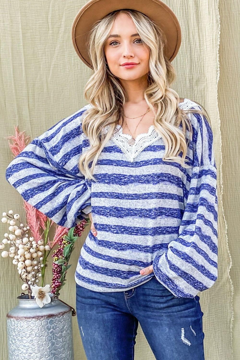 And The Why Striped Lace Detail V Neck Top - Clothes For Her Online Store