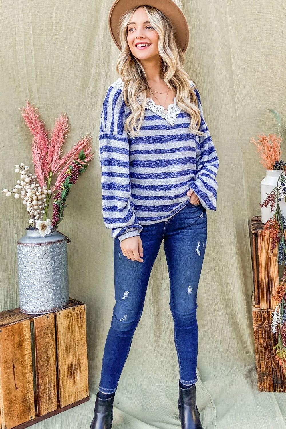 And The Why Striped Lace Detail V Neck Top - Clothes For Her Online Store
