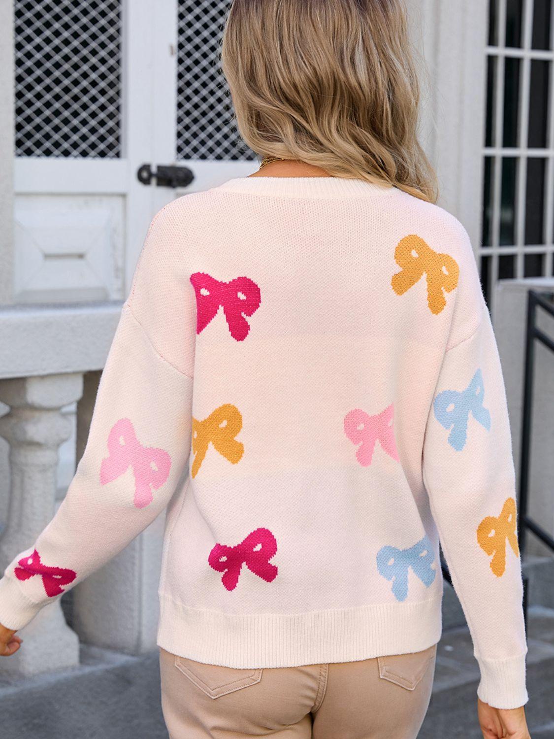 Angel Wings Bow Graphic Round Neck Long Sleeve Sweater - Clothes For Her Online Store