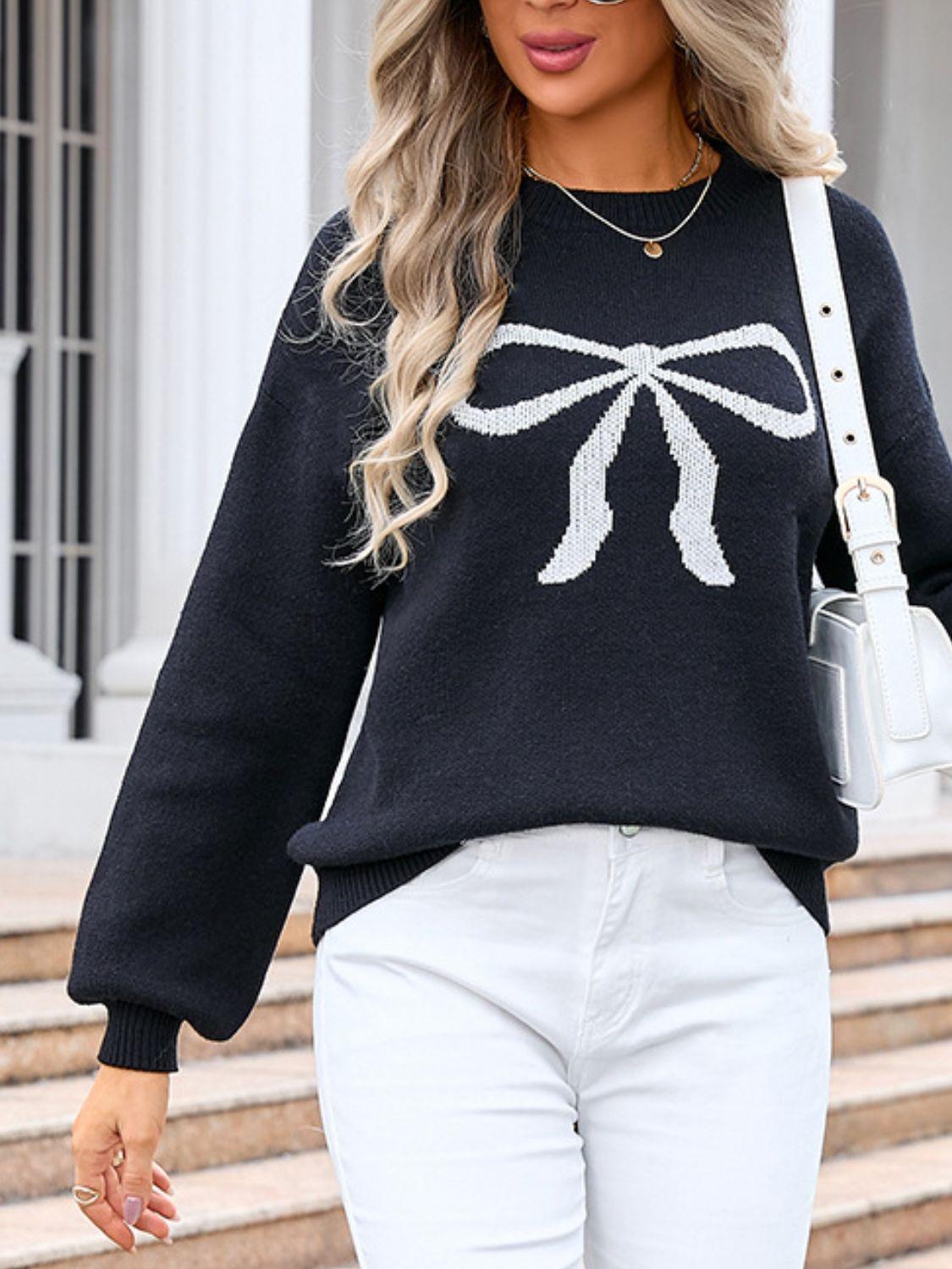 Angel Wings Bow Graphic Round Neck Long Sleeve Sweater - Clothes For Her Online Store