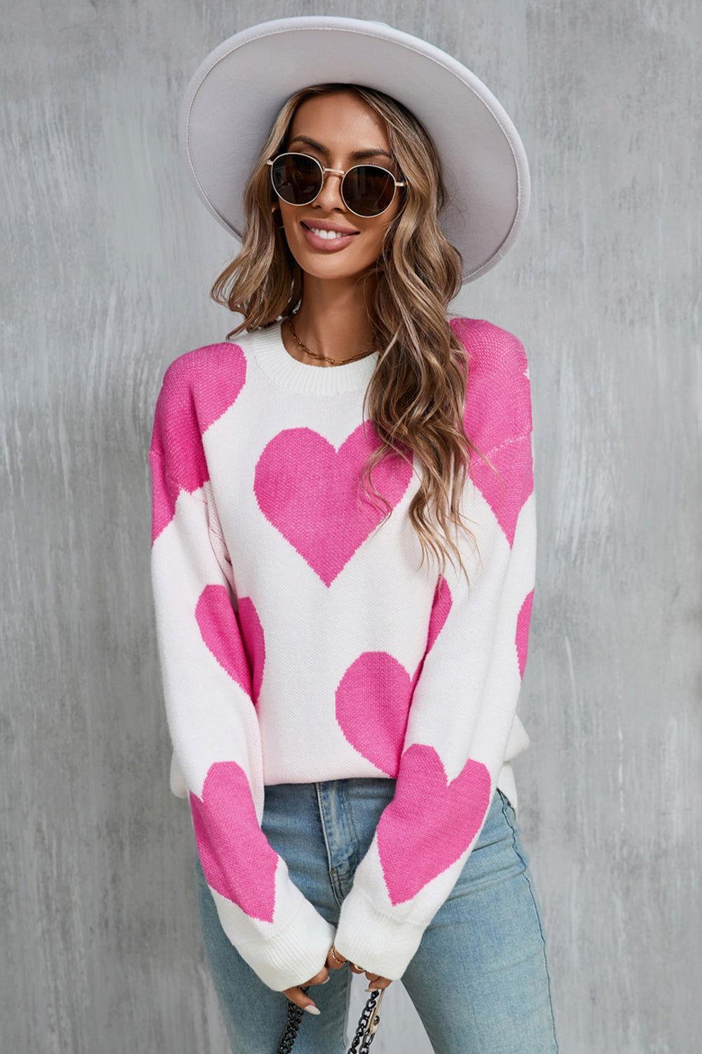 Angel Wings Contrast Heart Dropped Shoulder Long Sleeve Sweater - Clothes For Her Online Store