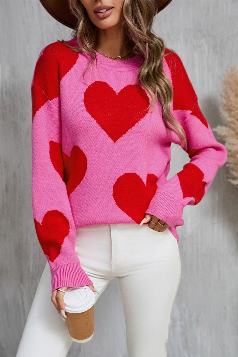 Angel Wings Contrast Heart Dropped Shoulder Long Sleeve Sweater - Clothes For Her Online Store