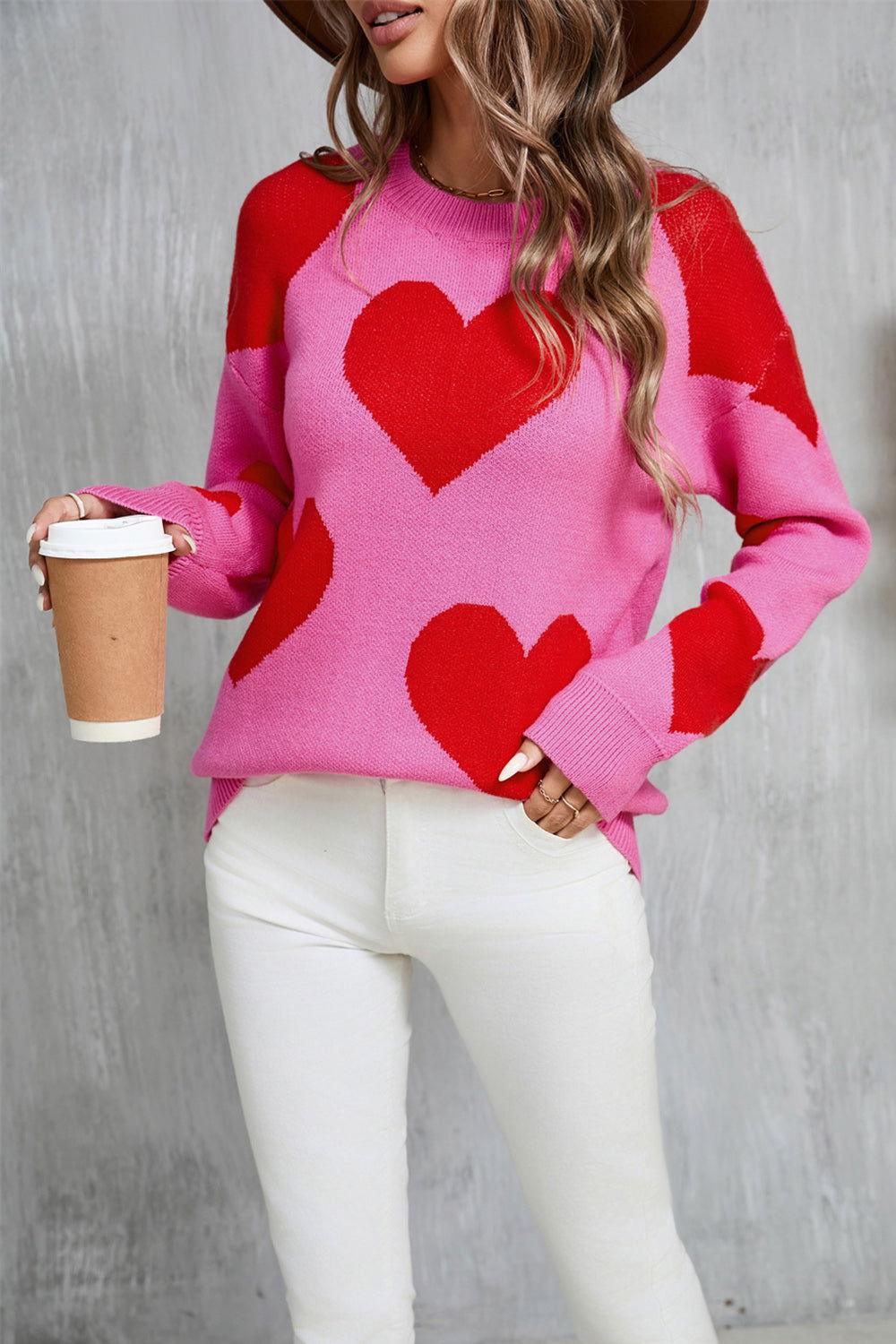 Angel Wings Contrast Heart Dropped Shoulder Long Sleeve Sweater - Clothes For Her Online Store