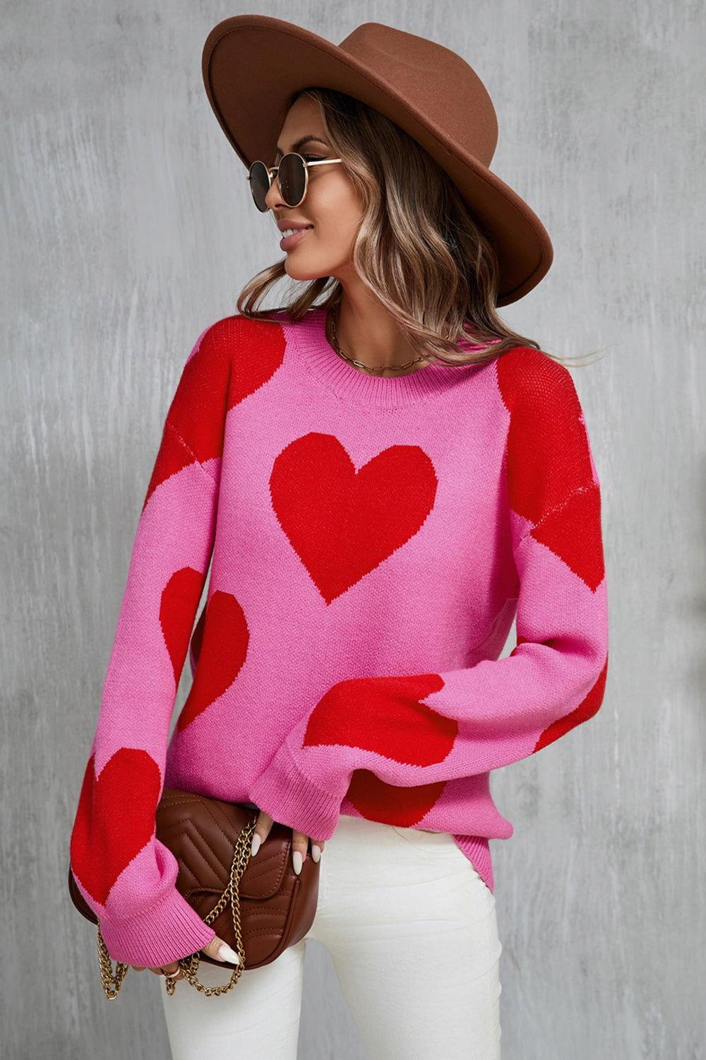 Angel Wings Contrast Heart Dropped Shoulder Long Sleeve Sweater - Clothes For Her Online Store