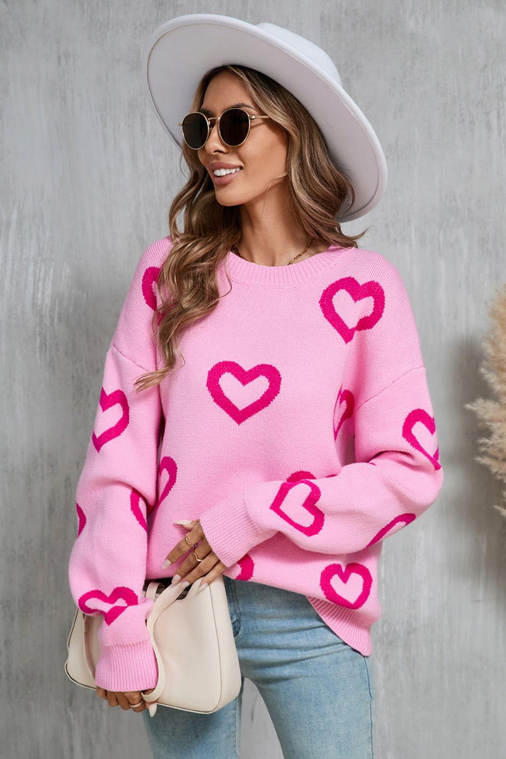 Angel Wings Heart Round Neck Dropped Shoulder Long Sleeve Sweater - Clothes For Her Online Store