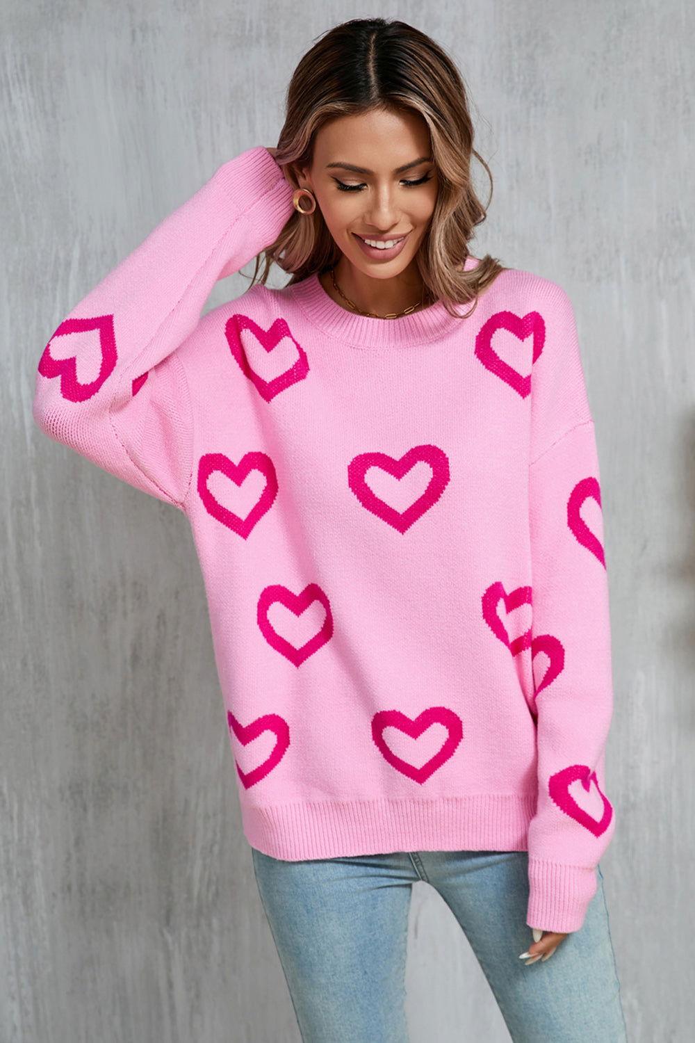 Angel Wings Heart Round Neck Dropped Shoulder Long Sleeve Sweater - Clothes For Her Online Store