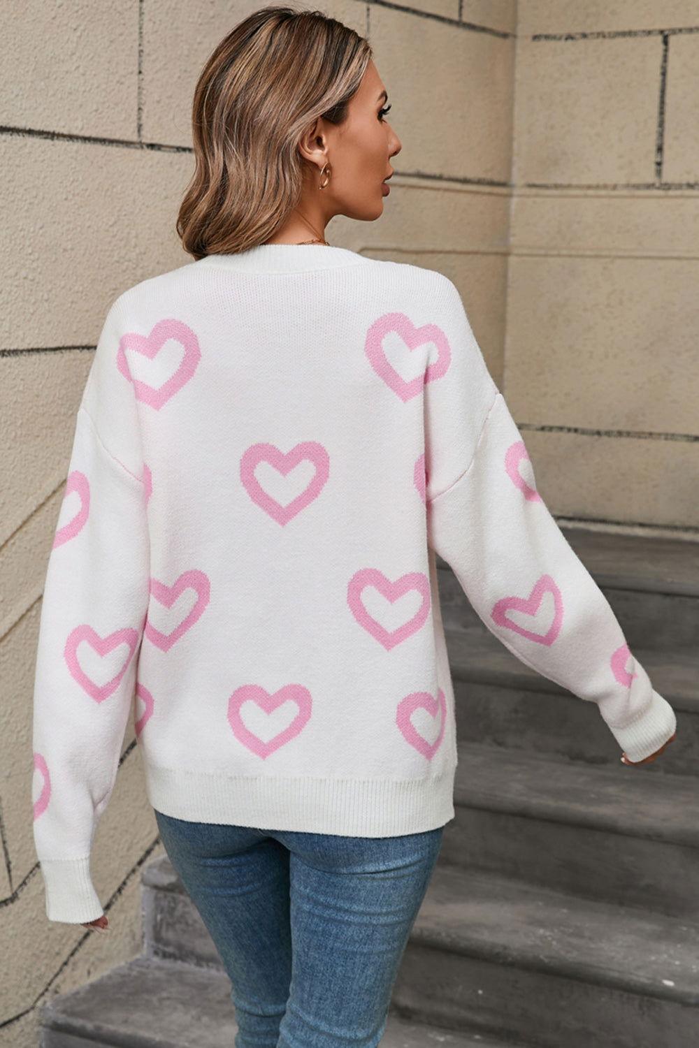 Angel Wings Heart Round Neck Dropped Shoulder Long Sleeve Sweater - Clothes For Her Online Store