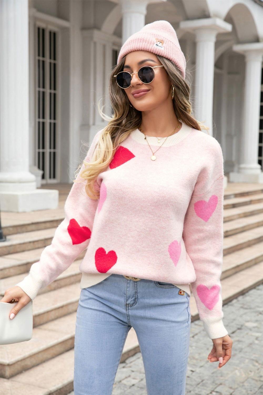 Angel Wings Heart Round Neck Droppped Shoulder Sweater - Clothes For Her Online Store
