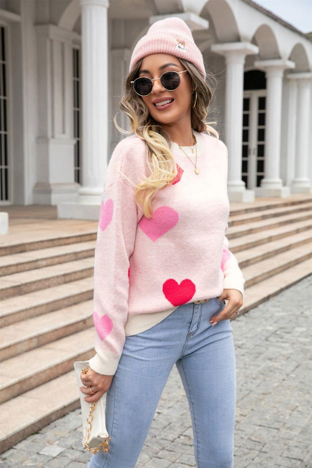 Angel Wings Heart Round Neck Droppped Shoulder Sweater - Clothes For Her Online Store