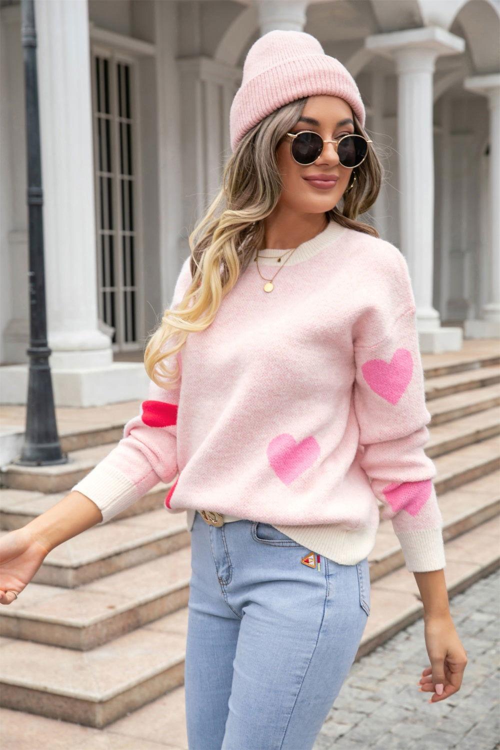 Angel Wings Heart Round Neck Droppped Shoulder Sweater - Clothes For Her Online Store