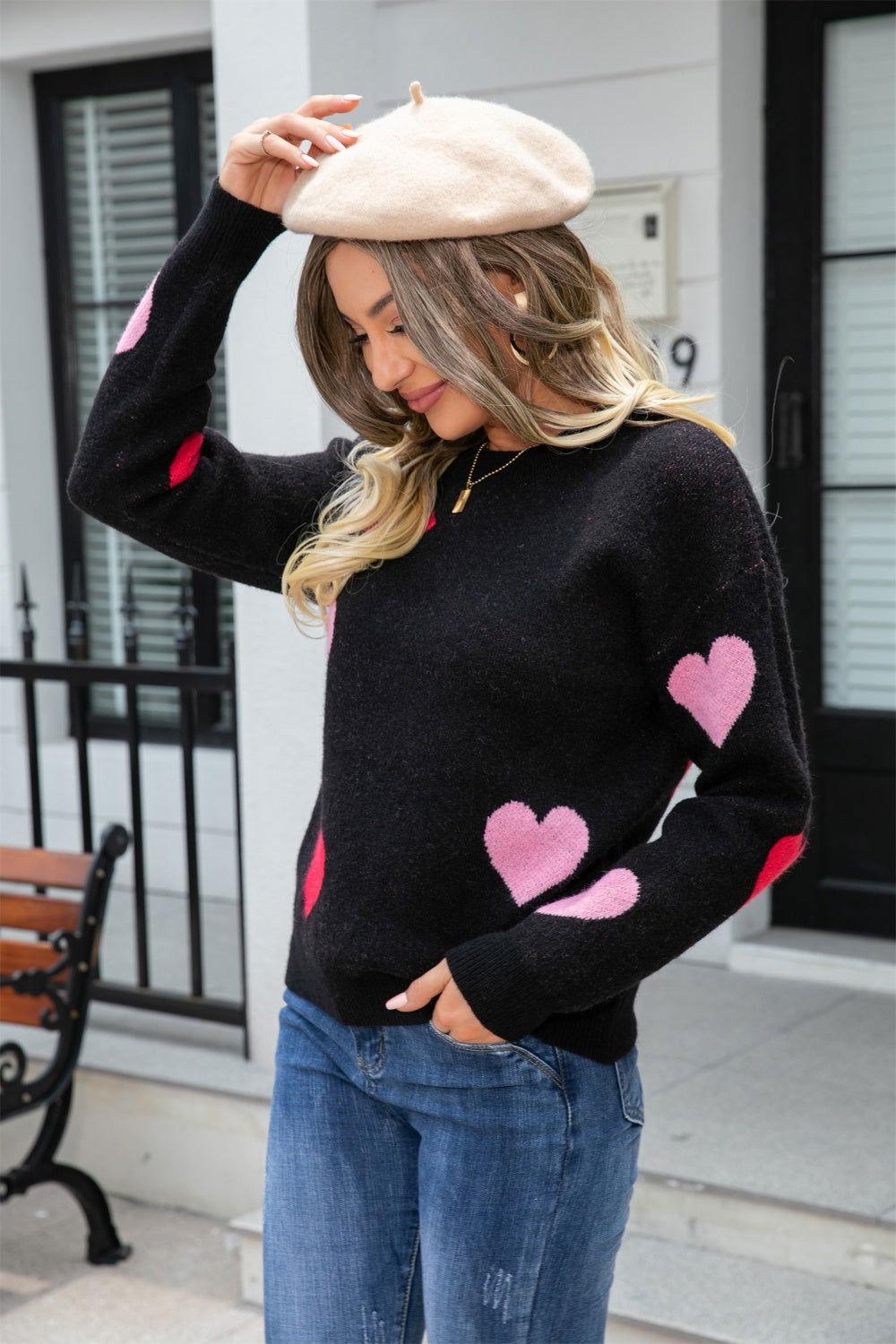 Angel Wings Heart Round Neck Droppped Shoulder Sweater - Clothes For Her Online Store