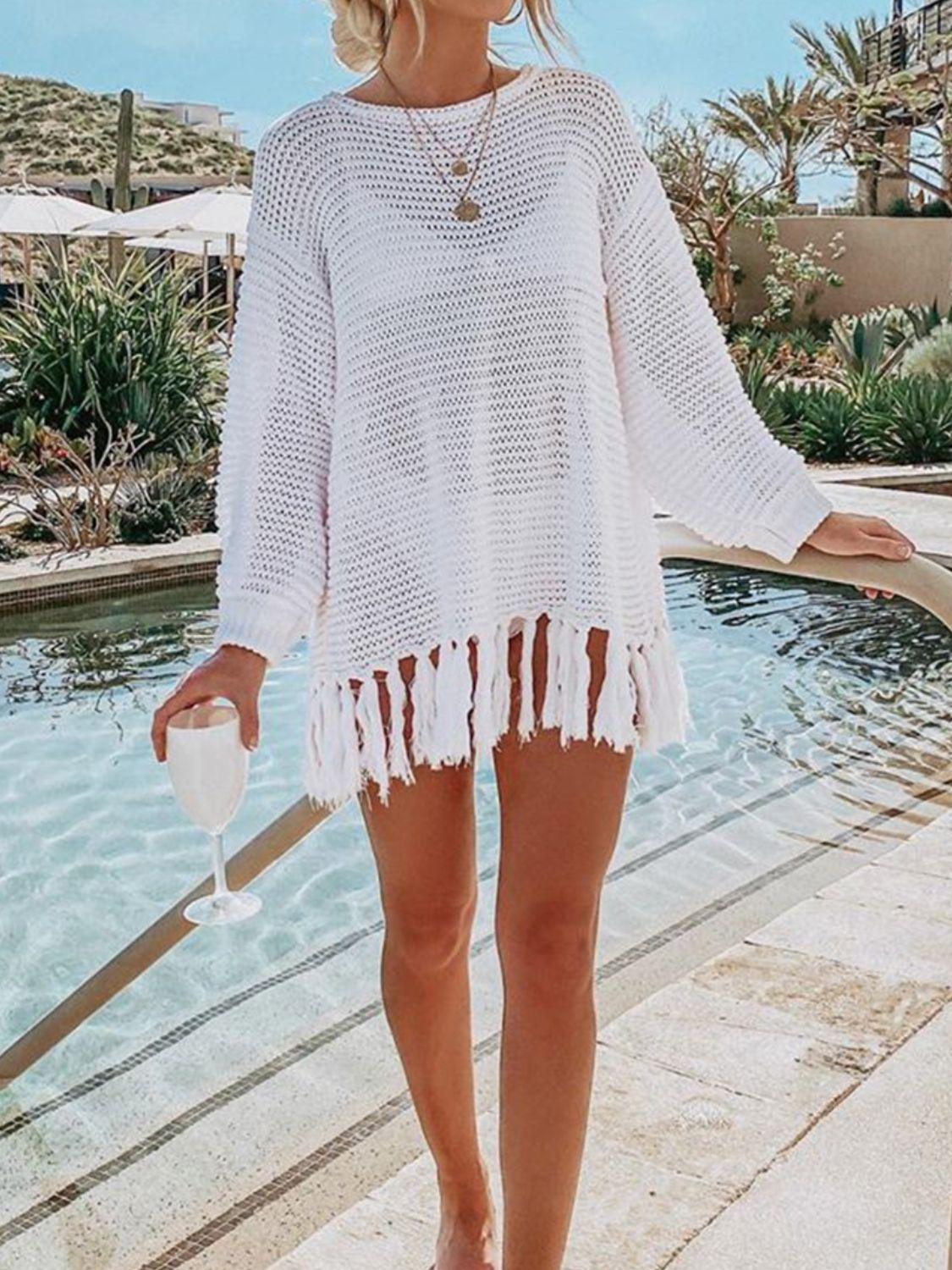 Angel Wings Openwork Tassel Hem Long Sleeve Knit Cover Up - Clothes For Her Online Store
