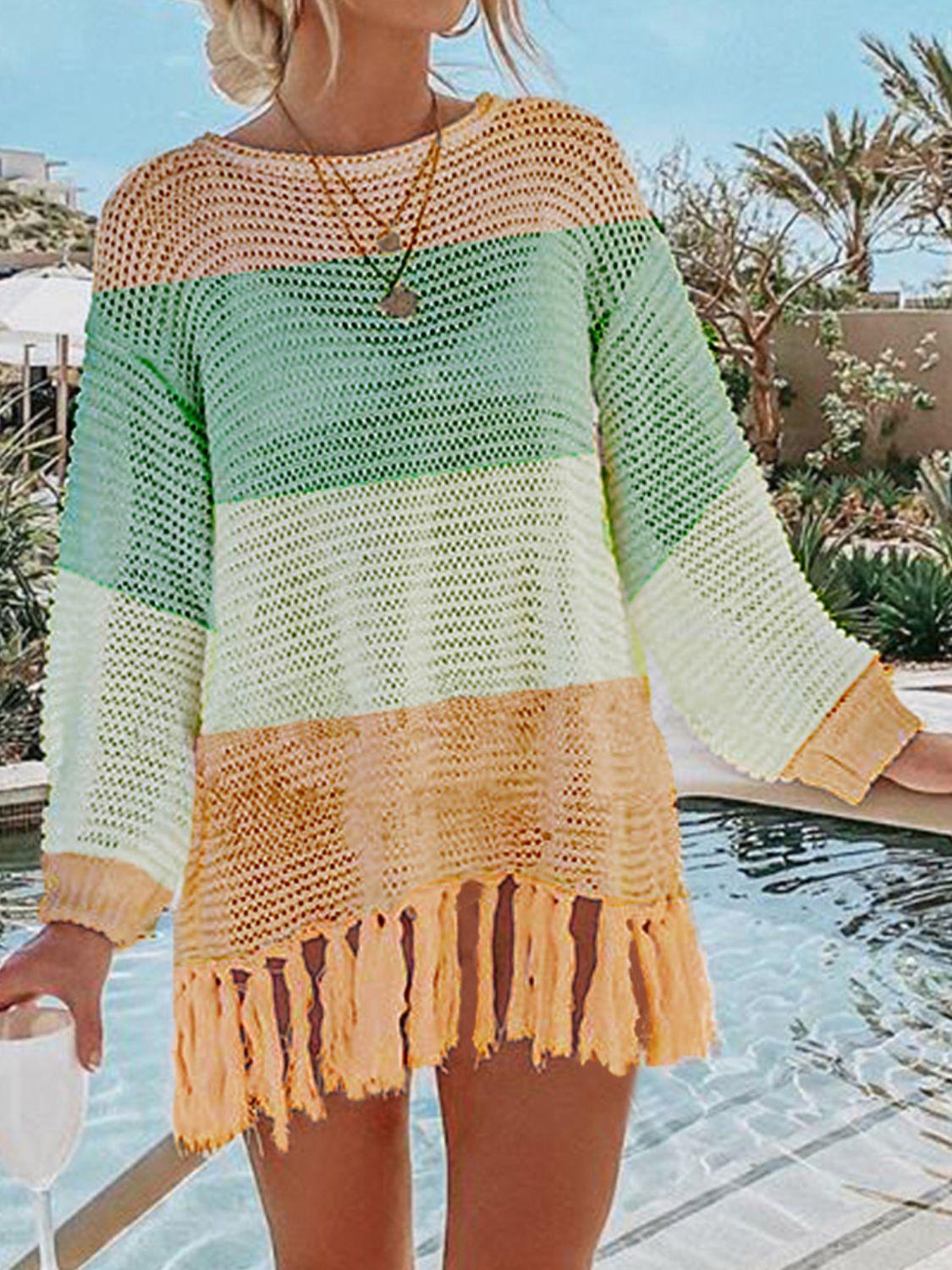 Angel Wings Openwork Tassel Hem Long Sleeve Knit Cover Up - Clothes For Her Online Store