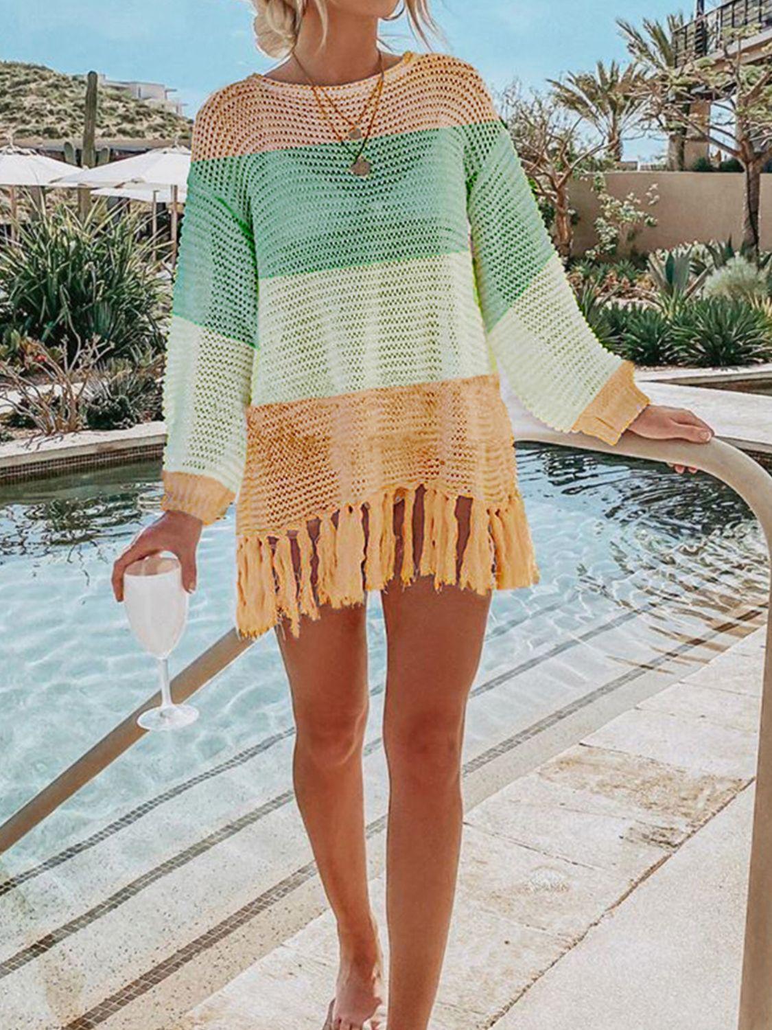 Angel Wings Openwork Tassel Hem Long Sleeve Knit Cover Up - Clothes For Her Online Store