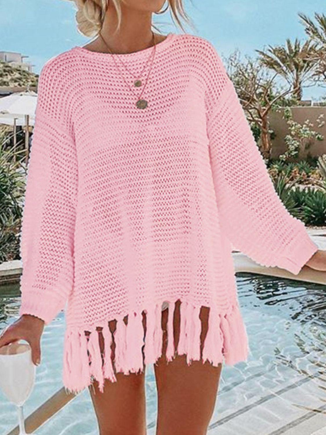 Angel Wings Openwork Tassel Hem Long Sleeve Knit Cover Up - Clothes For Her Online Store