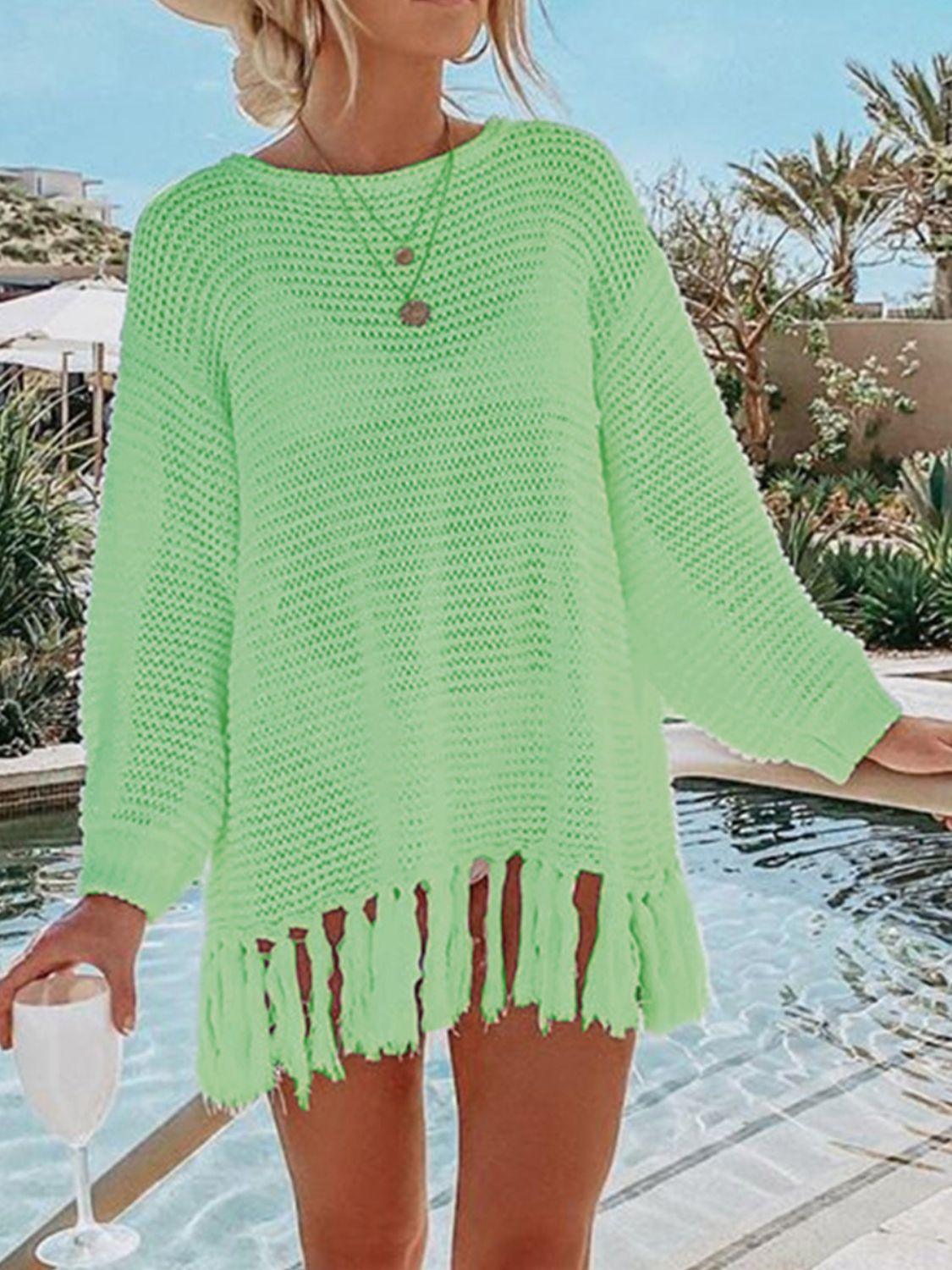 Angel Wings Openwork Tassel Hem Long Sleeve Knit Cover Up - Clothes For Her Online Store
