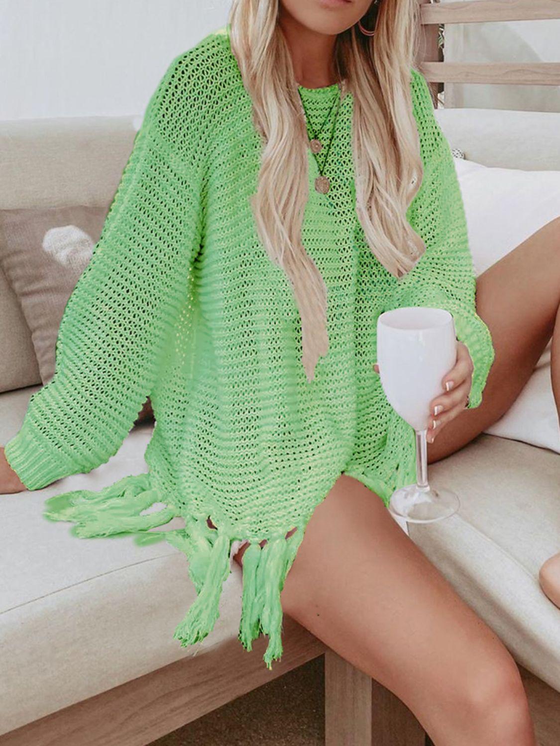 Angel Wings Openwork Tassel Hem Long Sleeve Knit Cover Up - Clothes For Her Online Store