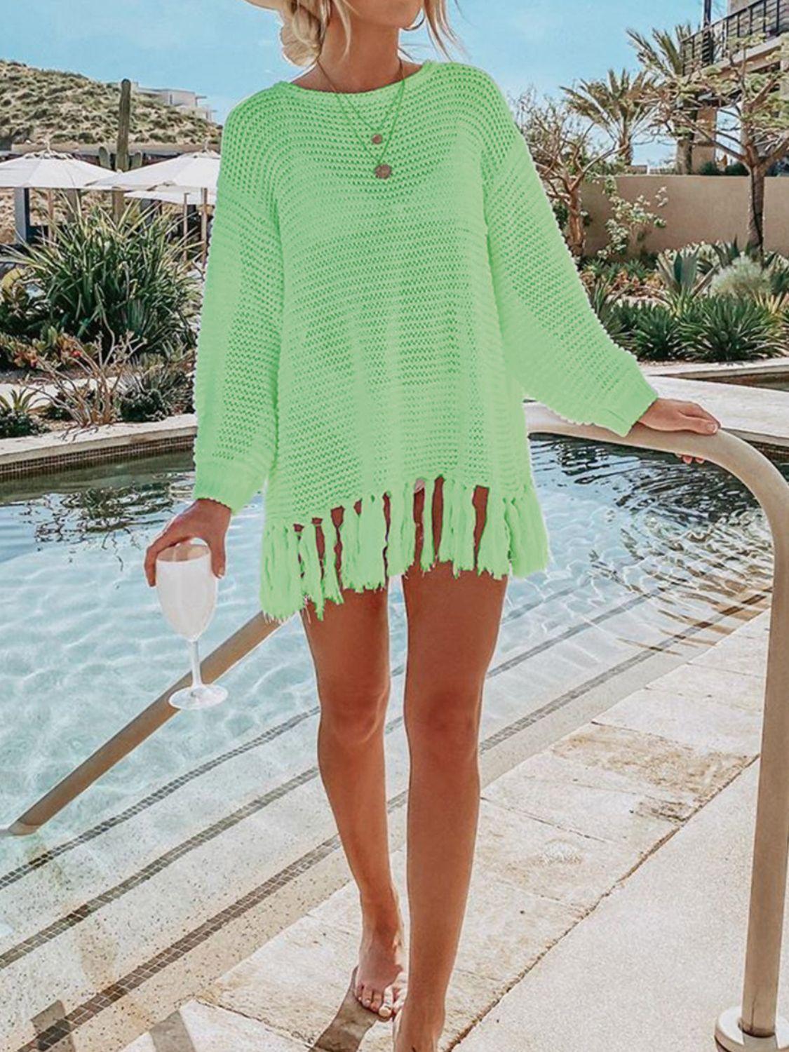 Angel Wings Openwork Tassel Hem Long Sleeve Knit Cover Up - Clothes For Her Online Store